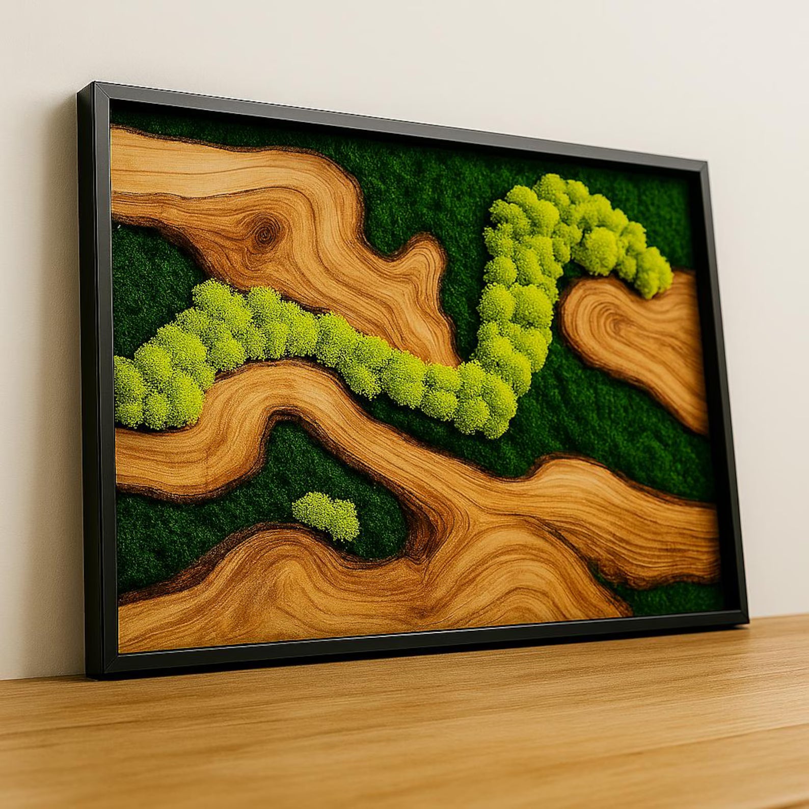 Framed Moss Wall Art with Olive Wood – Modern Biophilic Decor for Nature-Inspired Interiors
