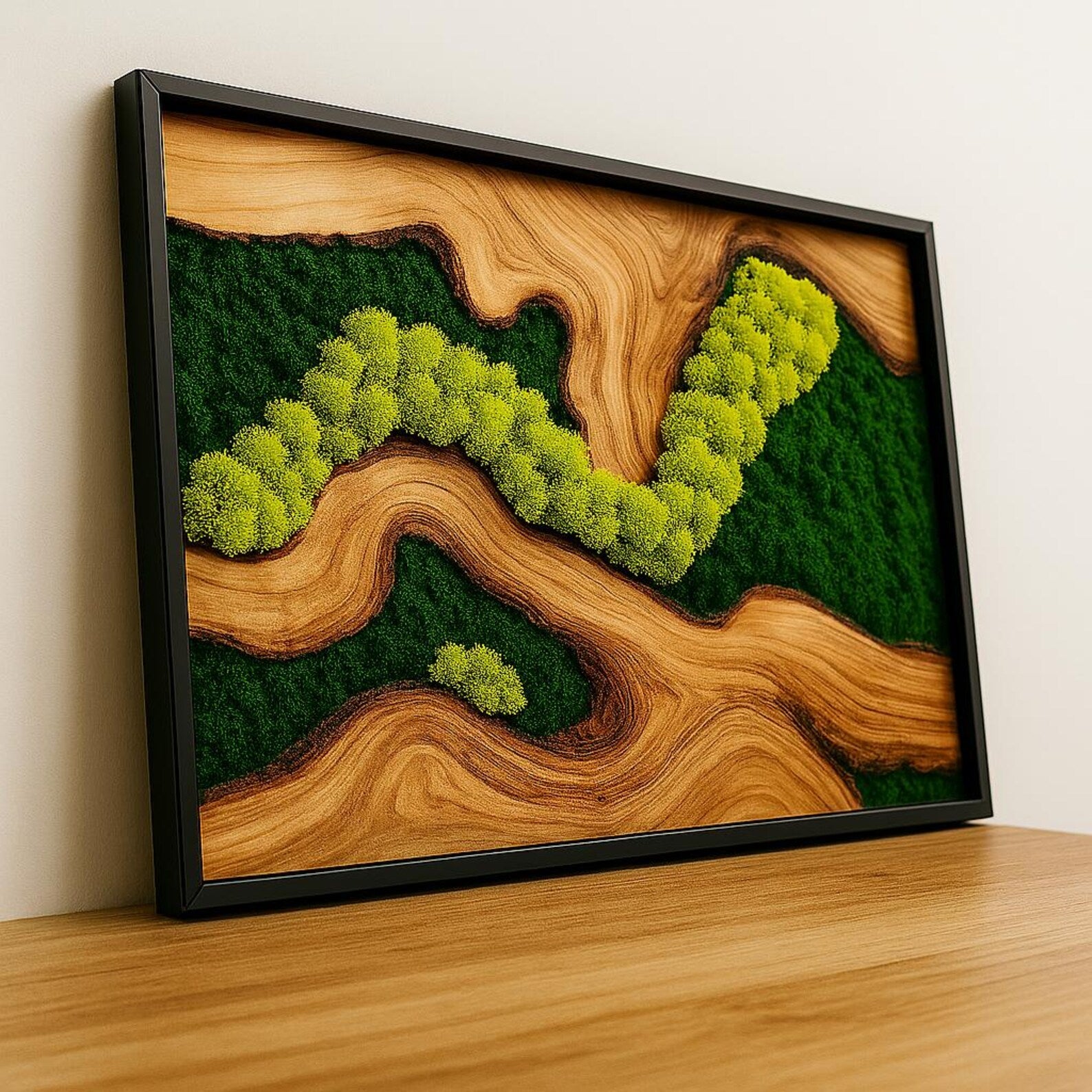 Framed Moss Wall Art with Olive Wood – Modern Biophilic Decor for Nature-Inspired Interiors