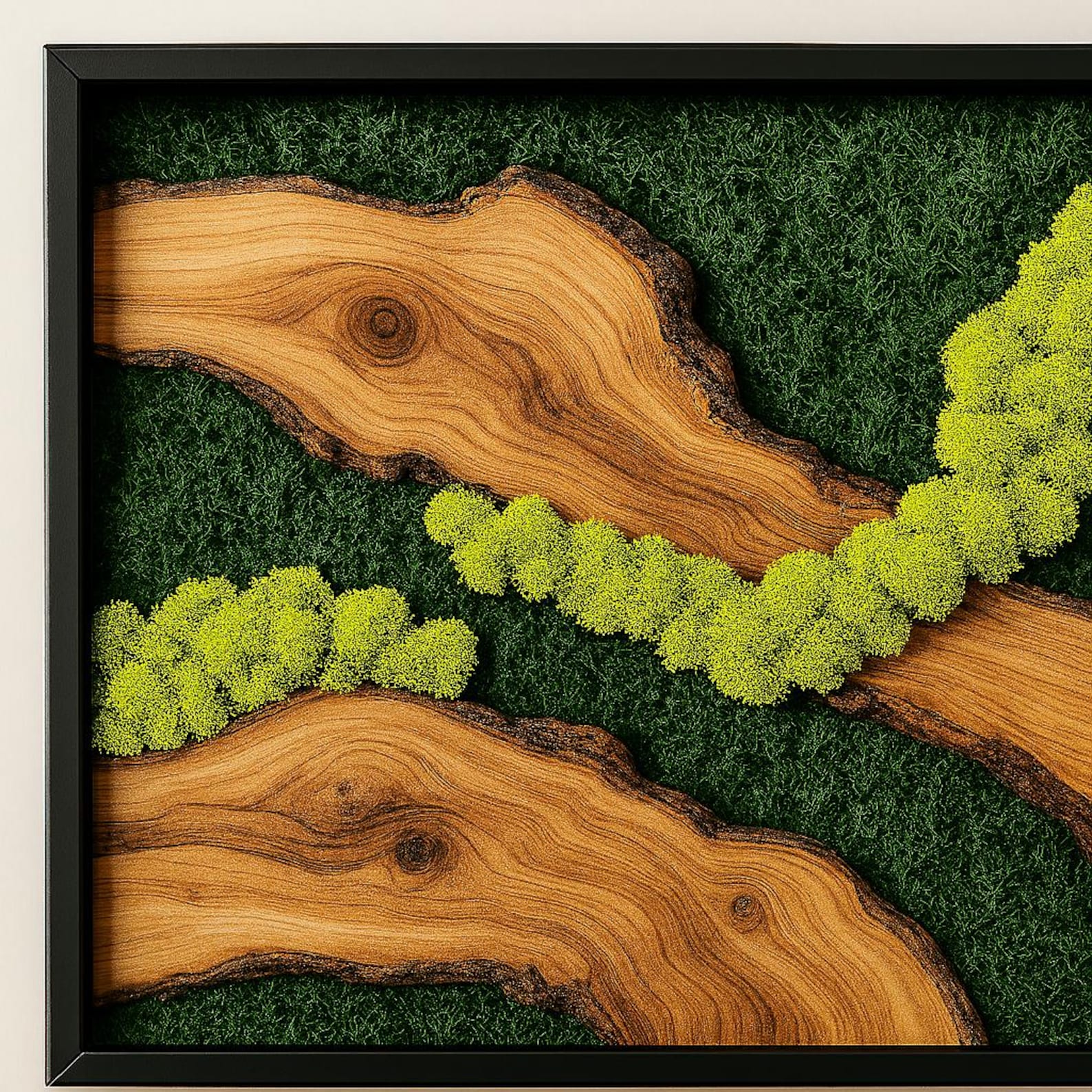 Framed Moss Wall Art with Olive Wood – Modern Biophilic Decor for Nature-Inspired Interiors