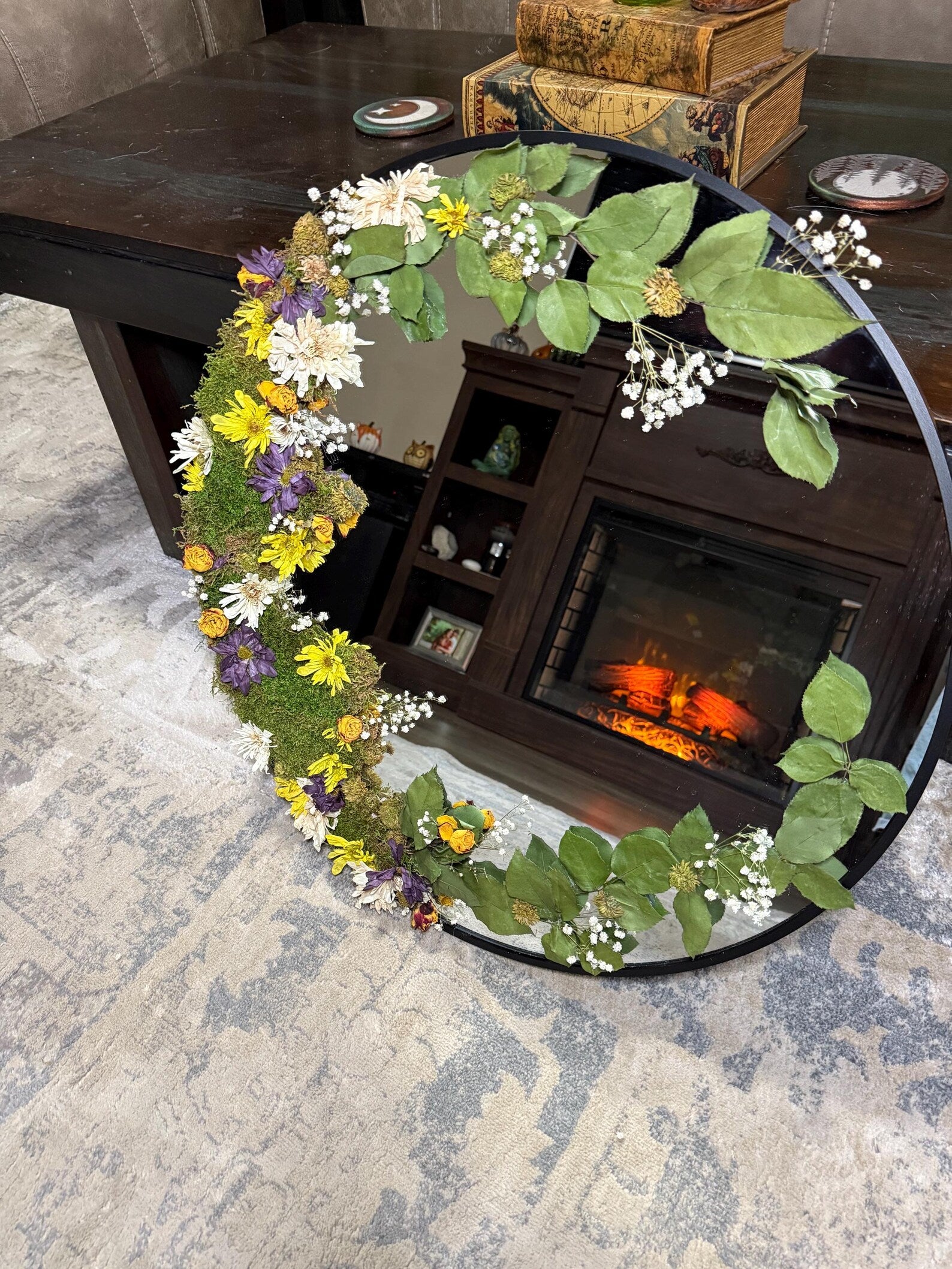 Botanical Moss Mirror with Unakite & Butterflies – Nature Wall Art