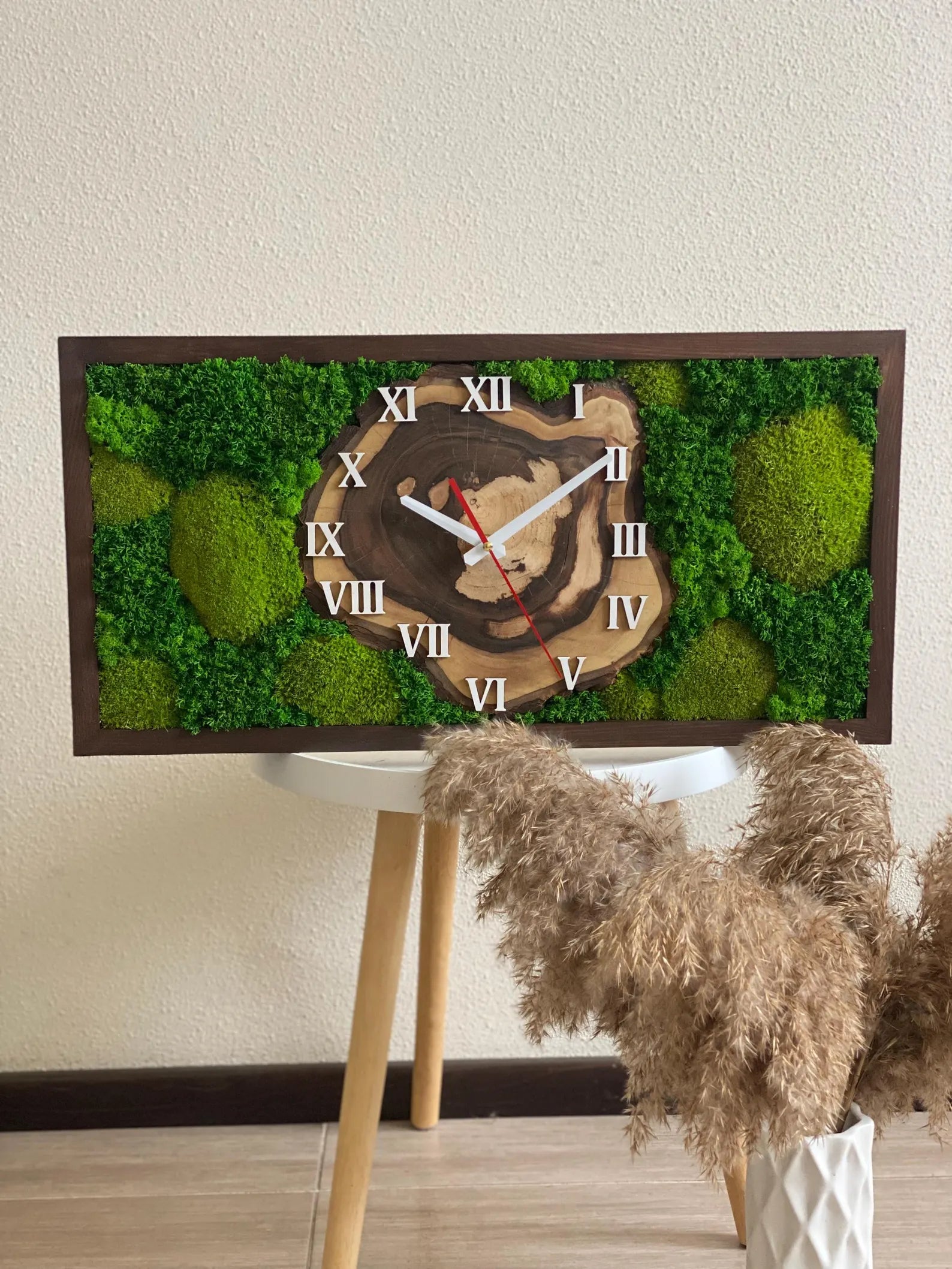 Rectangular Live Edge Wood Moss Clock – Cypress Finish with Preserved Moss