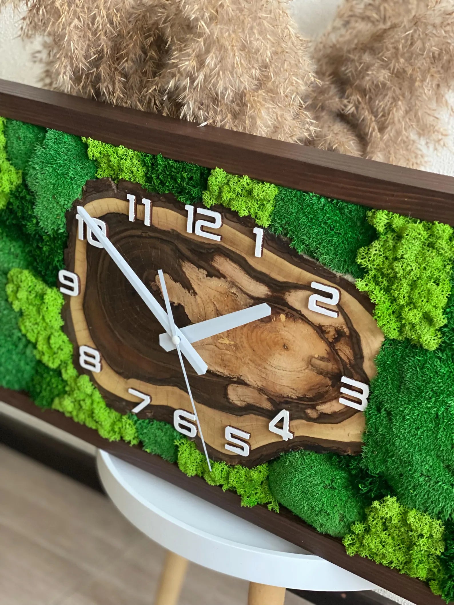 Rectangular Live Edge Wood Moss Clock – Cypress Finish with Preserved Moss