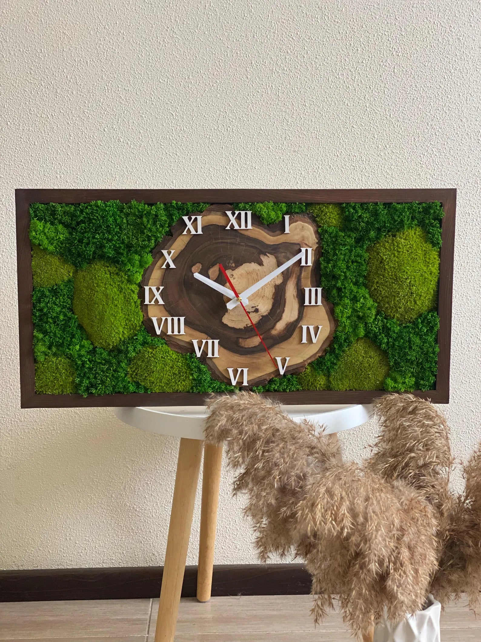 Rectangular Live Edge Wood Moss Clock – Cypress Finish with Preserved Moss