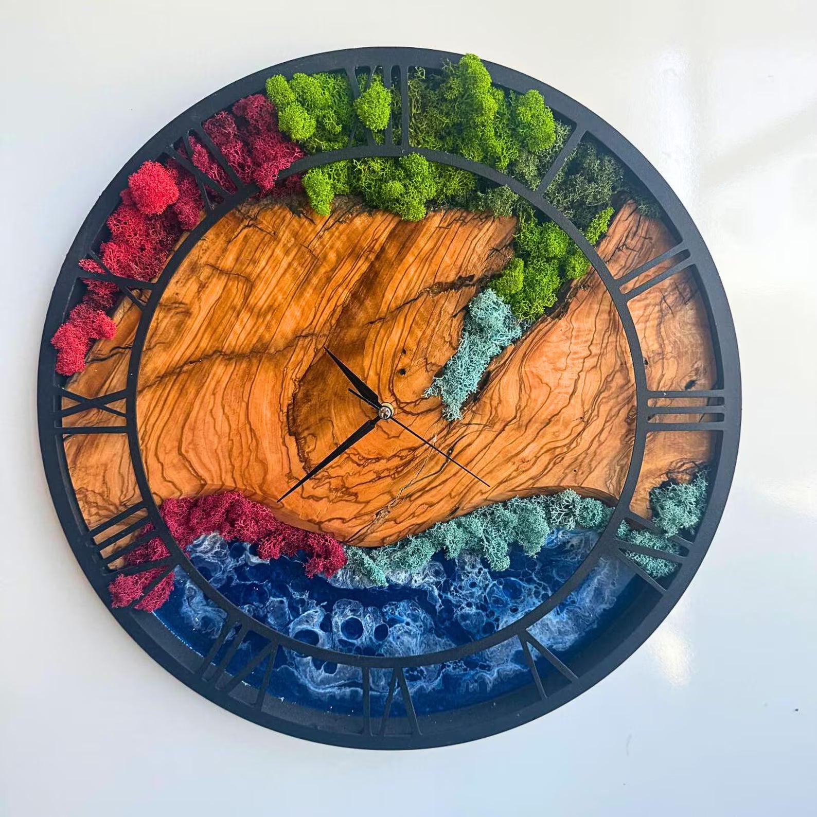 Epoxy & Moss Wall Clock – Large Resin Art Clock with Metal Frame and Olive Tree Design