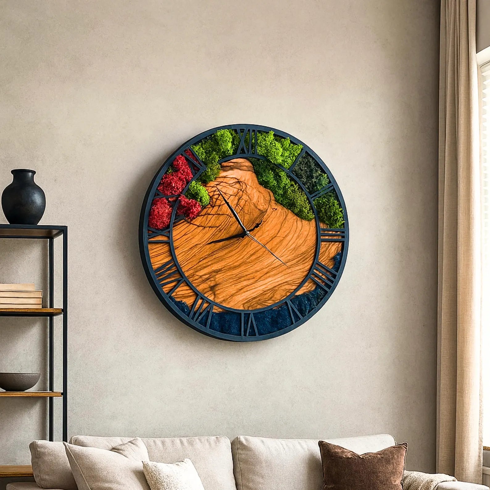 Round Moss Wood Wall Clock – Preserved Moss & Olive Tree Design – Natural Wood and Metal Art – Unique Home & Christmas Gift