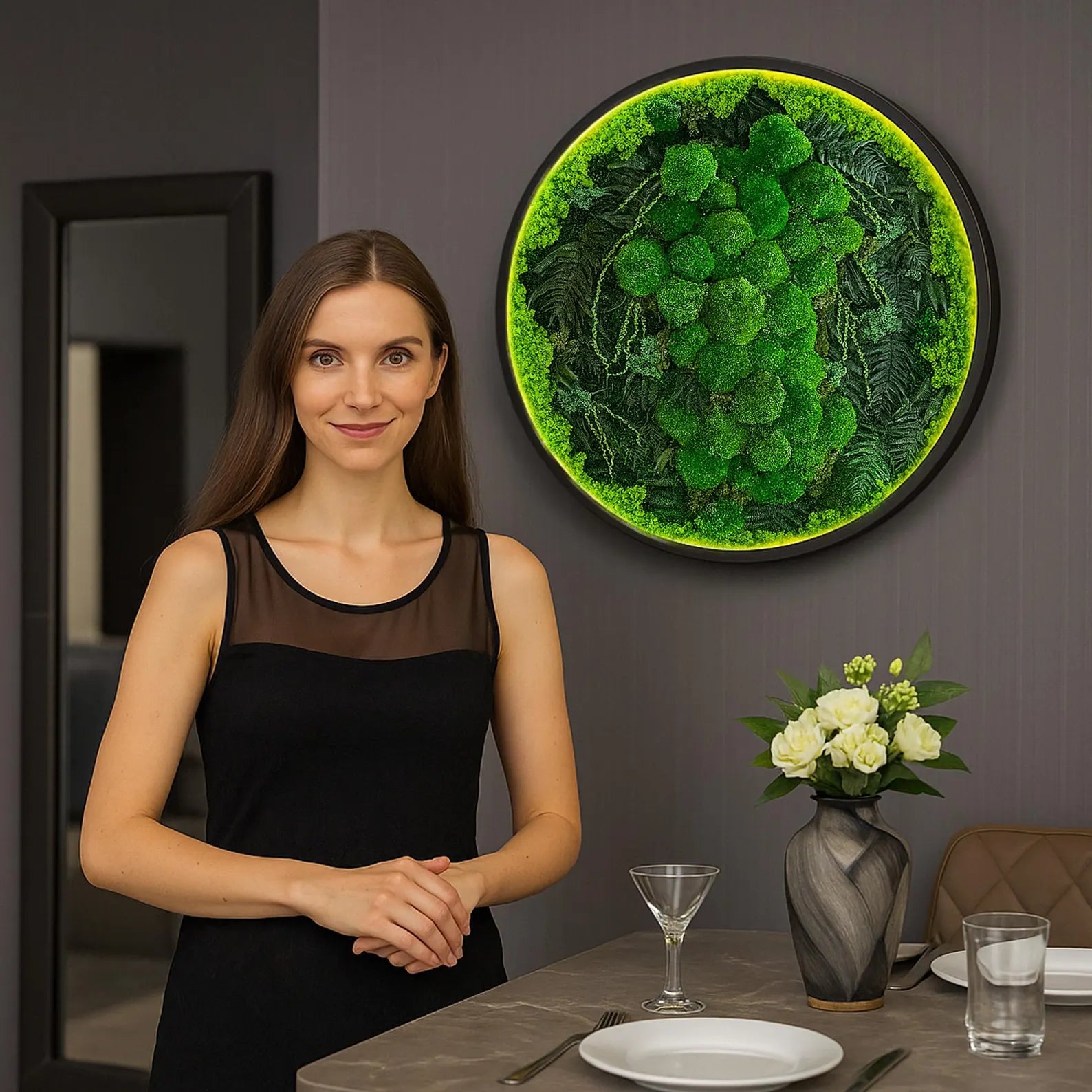 Large Round Moss Wall Art with LED – Green Preserved Moss Décor for Dining Room, Biophilic Design Wall Hanging