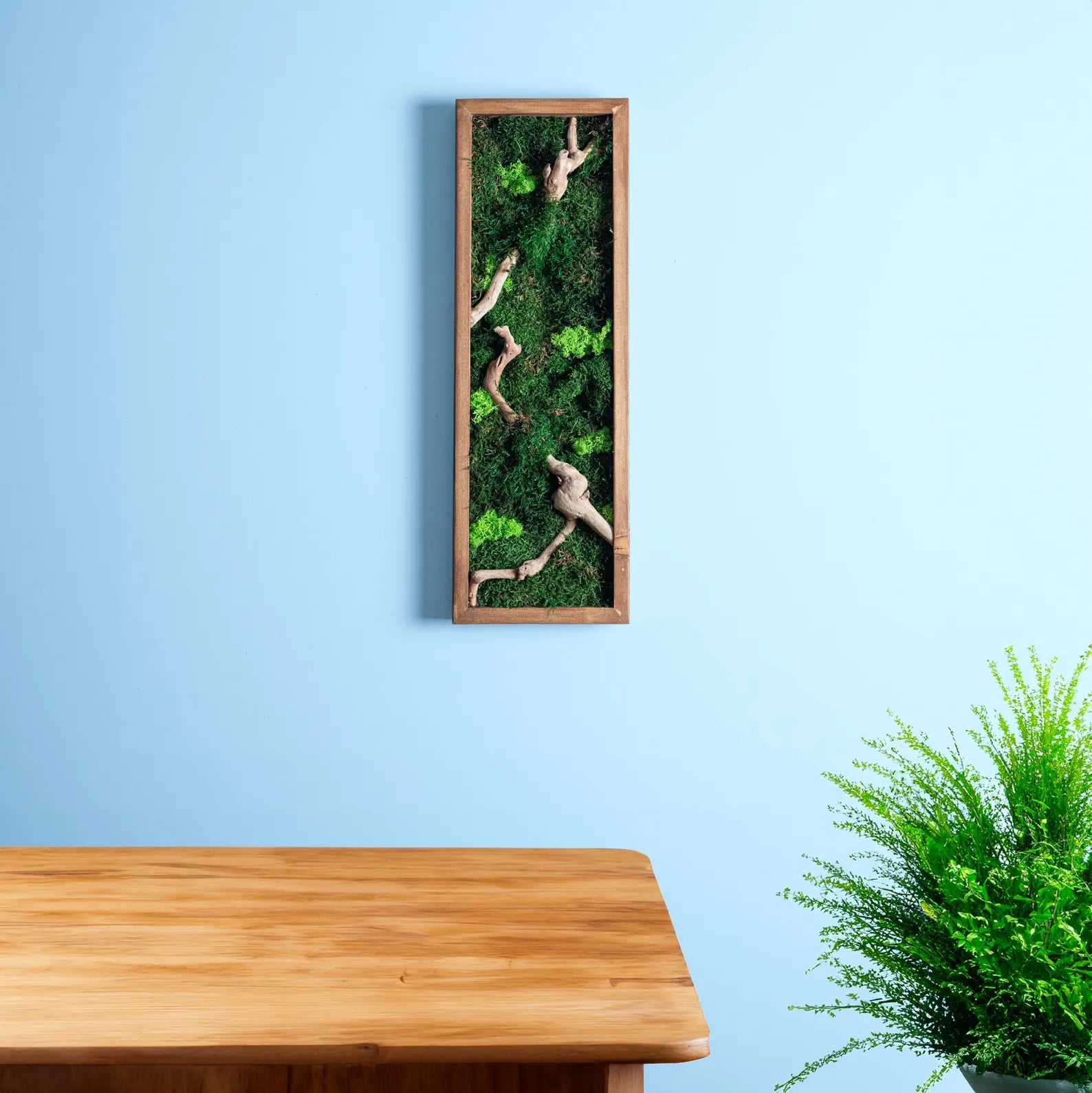 Rustic Moss and Bonsai Wood Wall Art – Vertical Wooden Frame Decor for Modern Living Rooms
