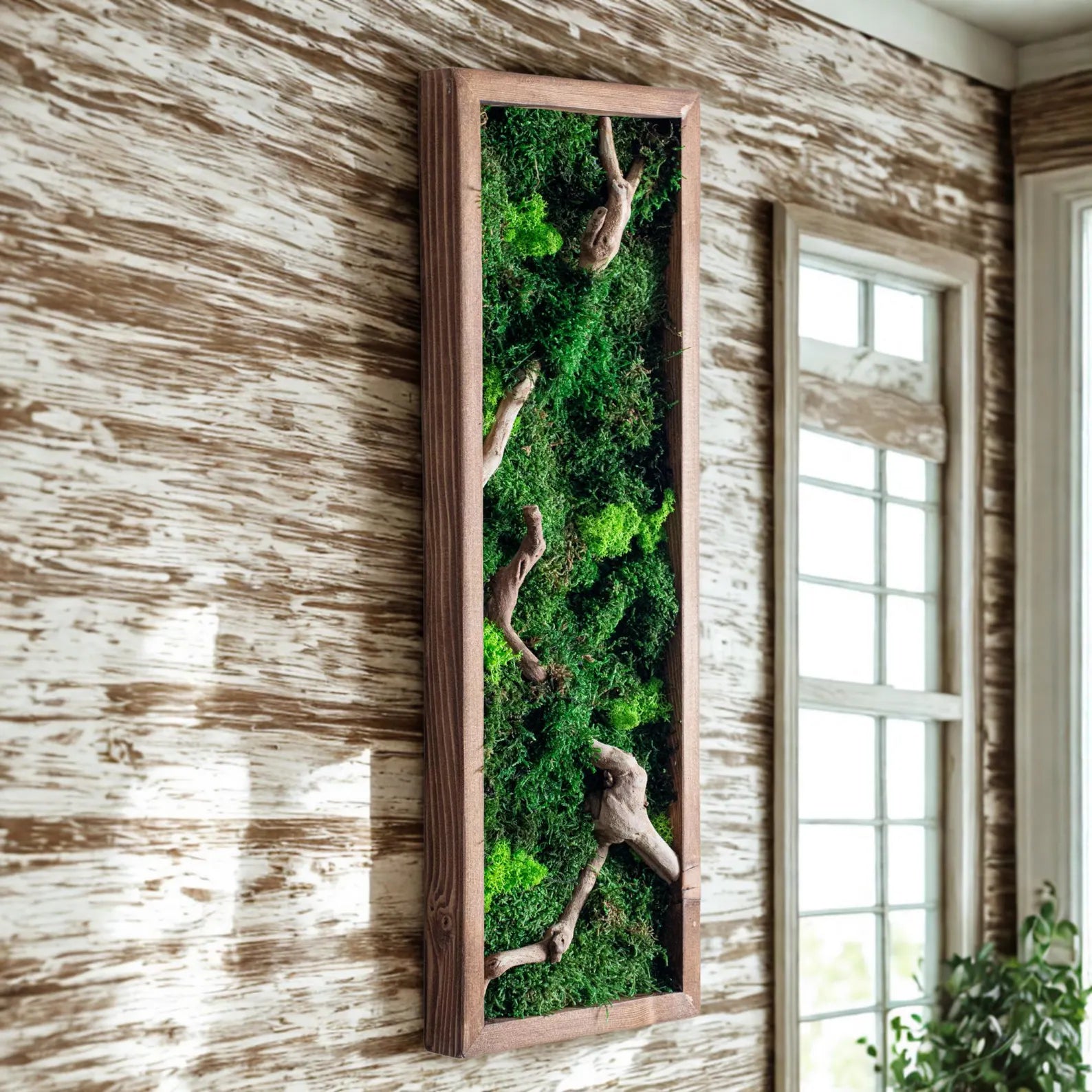 Rustic Moss and Bonsai Wood Wall Art – Vertical Wooden Frame Decor for Modern Living Rooms
