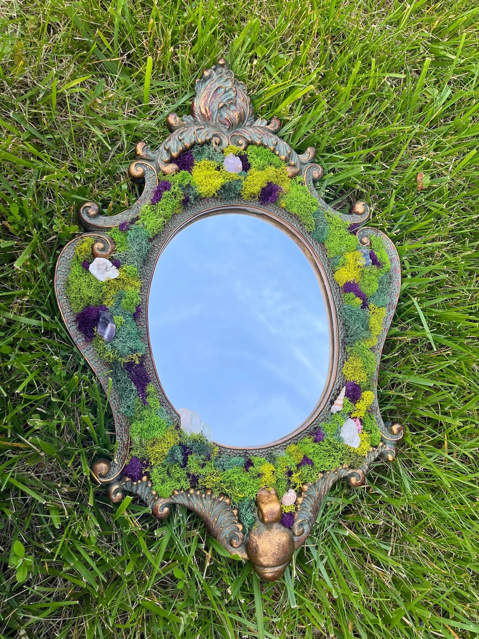 Fairycore Mossy Mirror with Crystals and Shells – Enchanted Home Accent