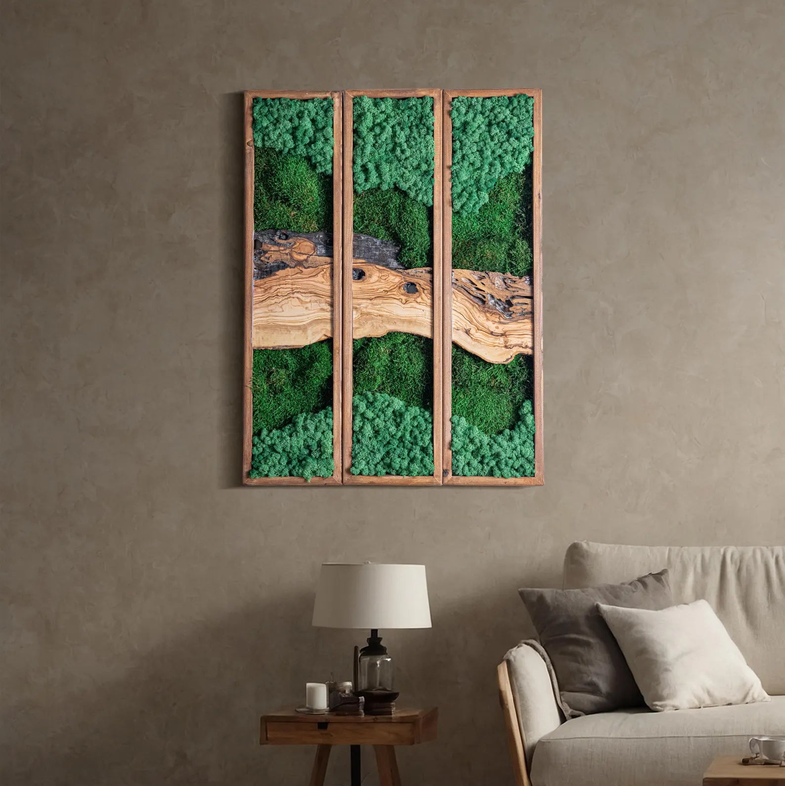 Preserved Moss Wall Triptych: Vertical Nature Decor with Olive Wood
