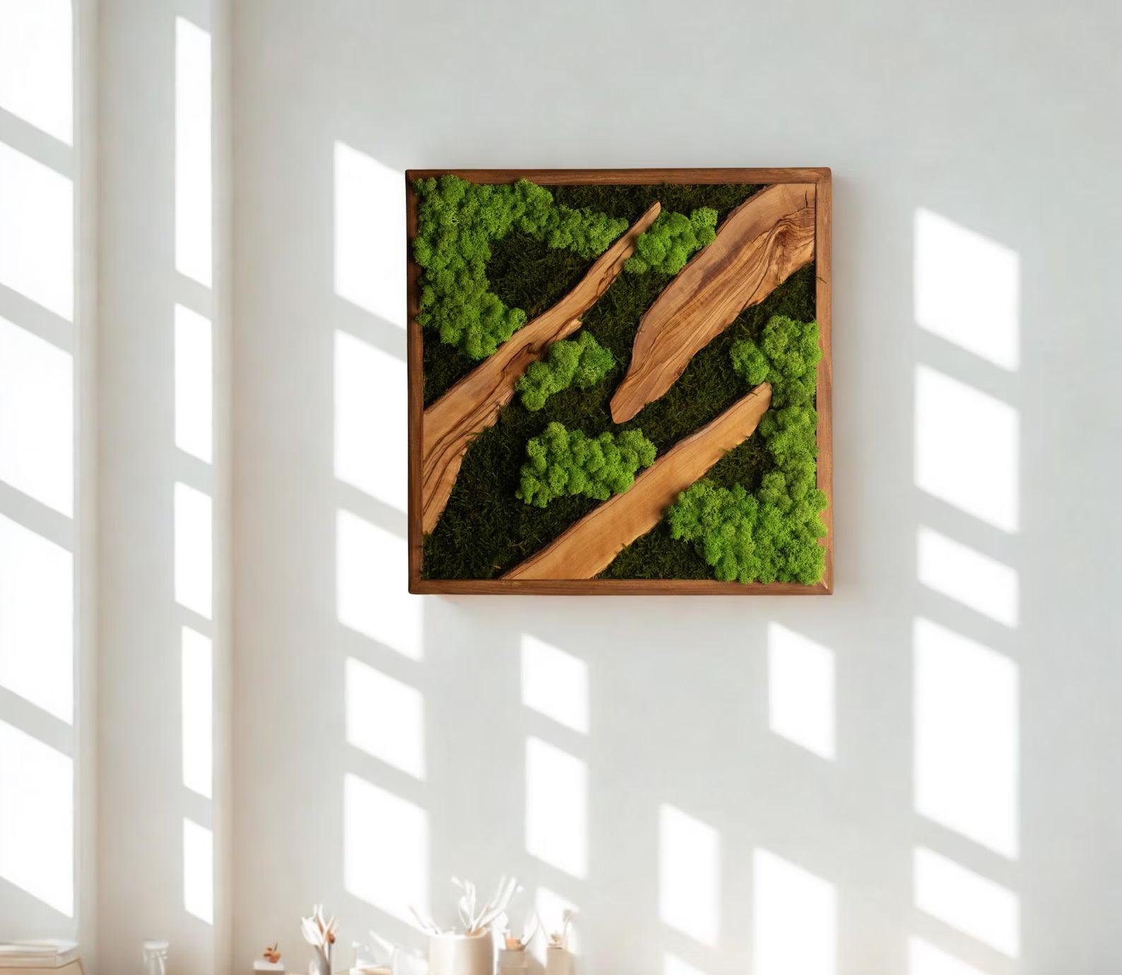 Moss and Olive Wood Wall Art – Square Wooden Frame with Preserved Moss for Farmhouse & Home Décor