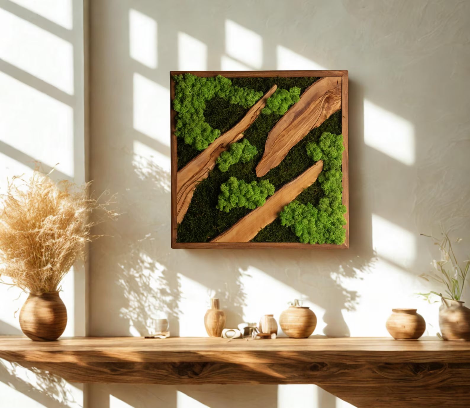 Moss and Olive Wood Wall Art – Square Wooden Frame with Preserved Moss for Farmhouse & Home Décor