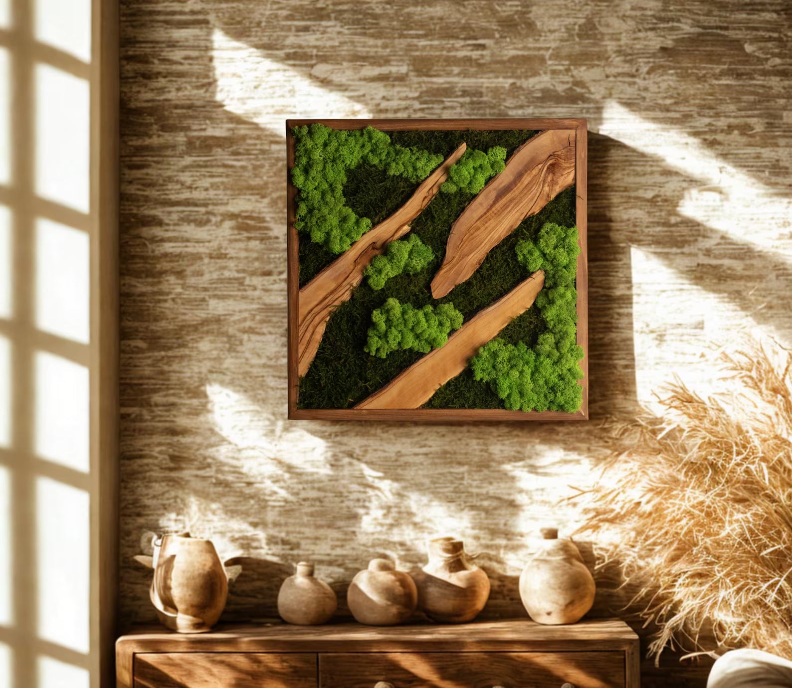 Moss and Olive Wood Wall Art – Square Wooden Frame with Preserved Moss for Farmhouse & Home Décor