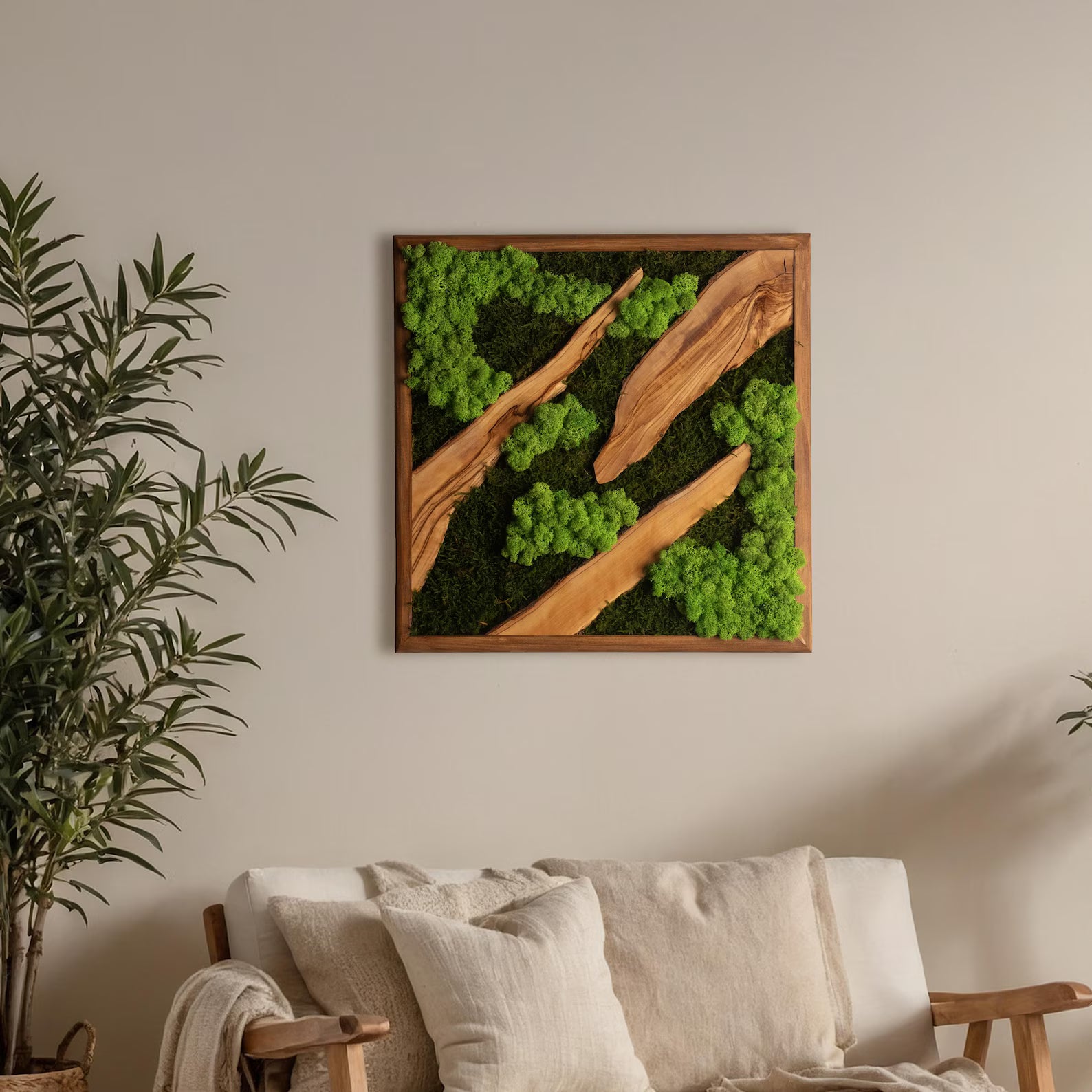 Moss and Olive Wood Wall Art – Square Wooden Frame with Preserved Moss for Farmhouse & Home Décor