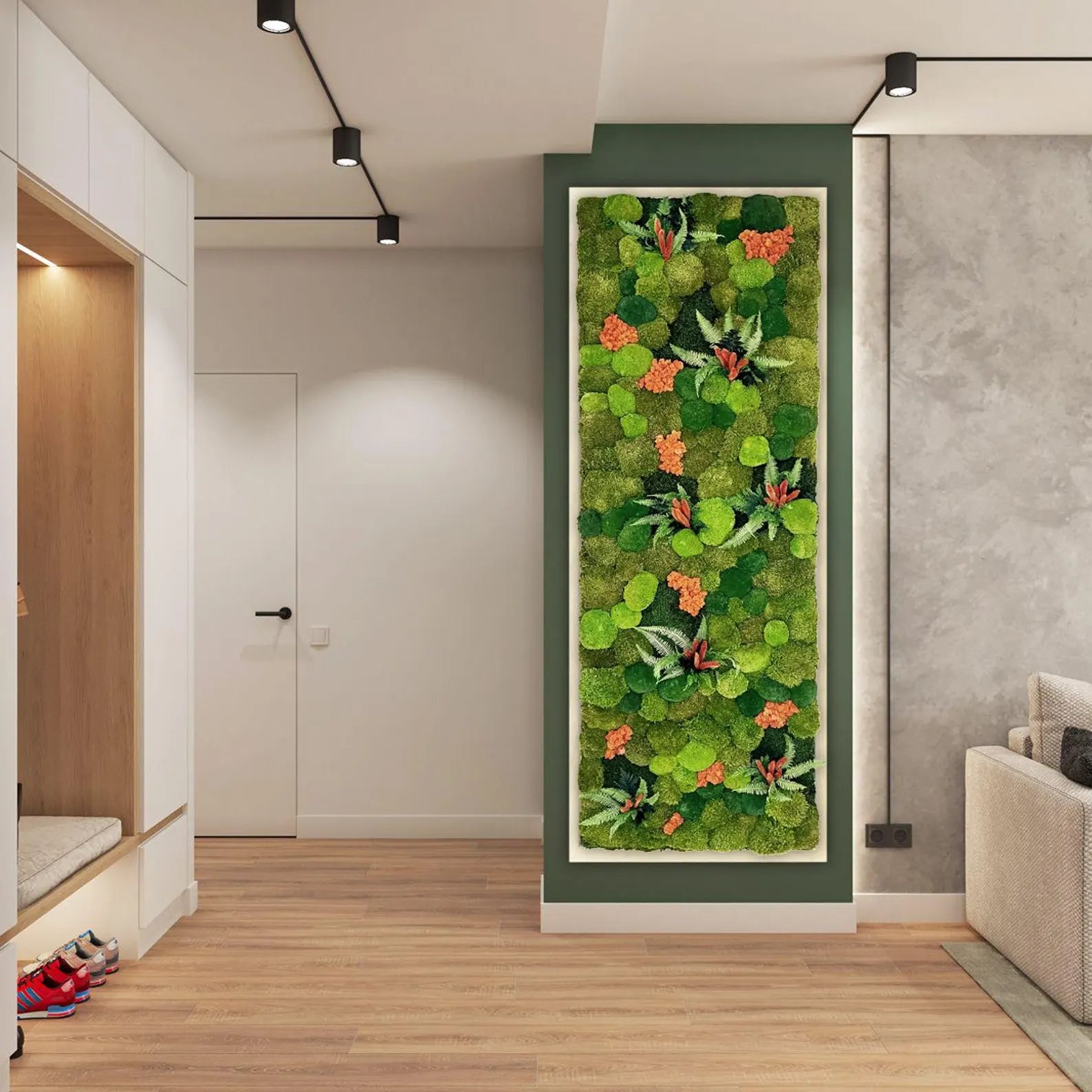 Moss Wall Art – Rectangular Preserved Moss with Floral Accents | Blooming Nature Decor for Home