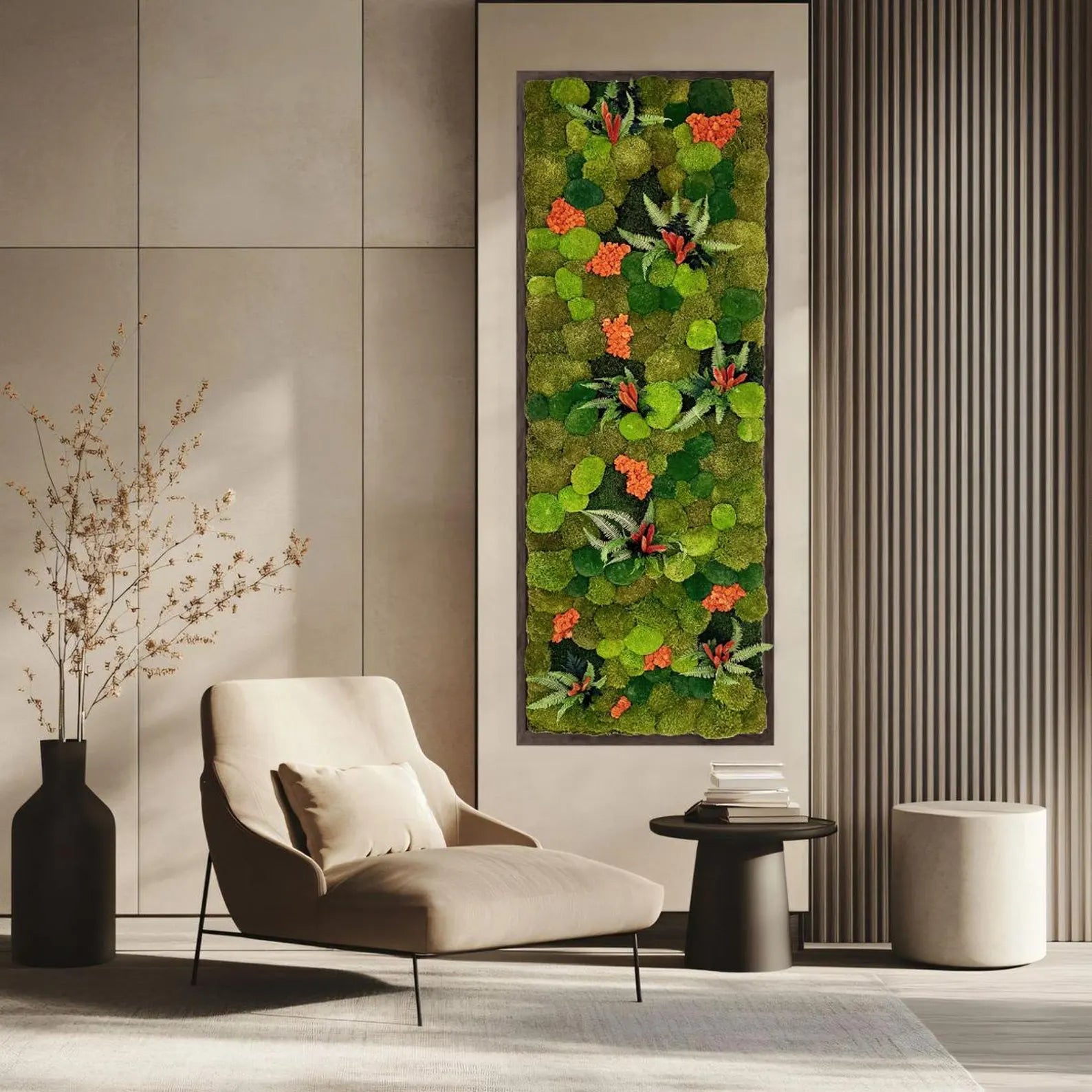 Moss Wall Art – Rectangular Preserved Moss with Floral Accents | Blooming Nature Decor for Home
