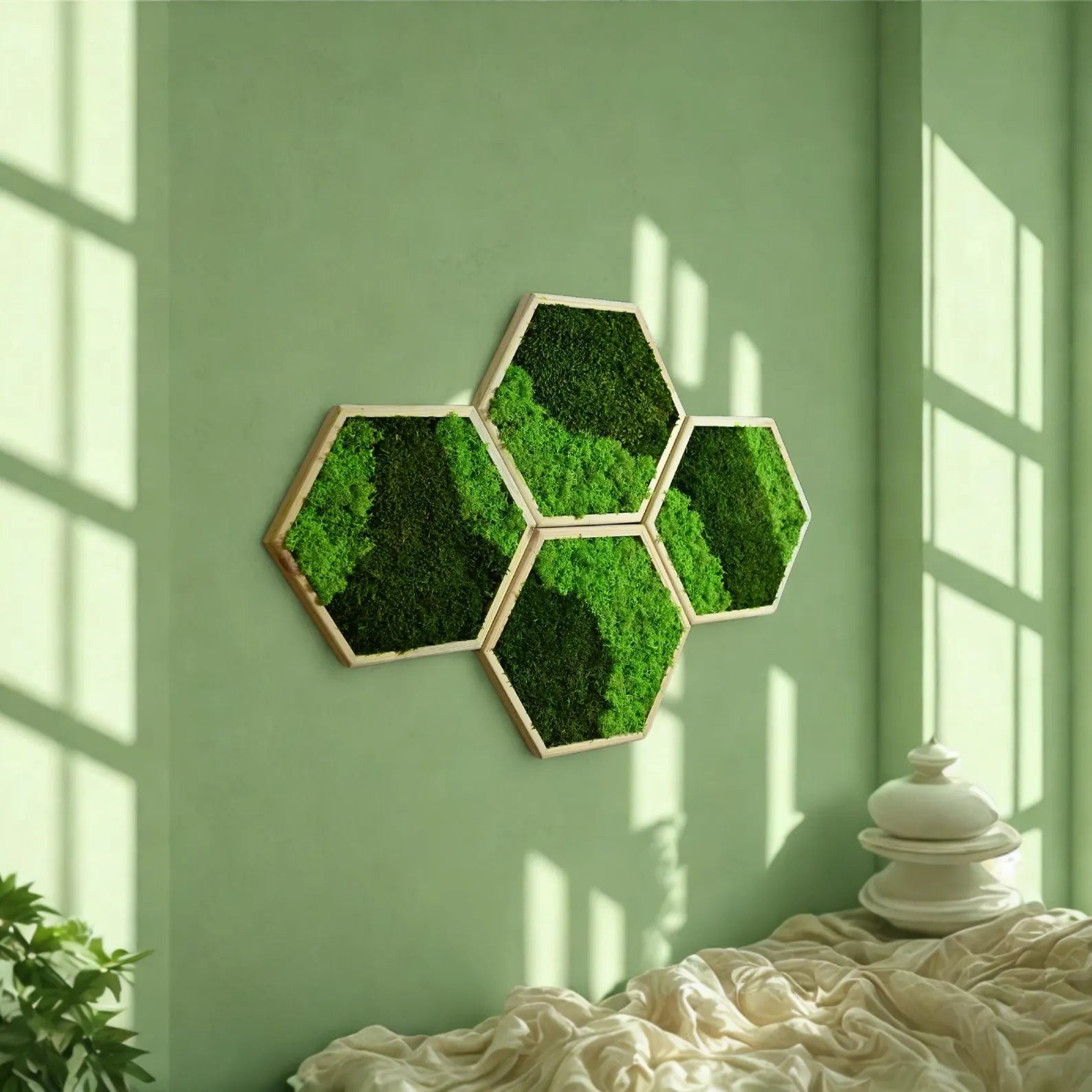 Hexagon Moss Wall Art – Honeycomb Wall Decor, Preserved Moss Panels, Modern Living Wall, Gift for Home or Office