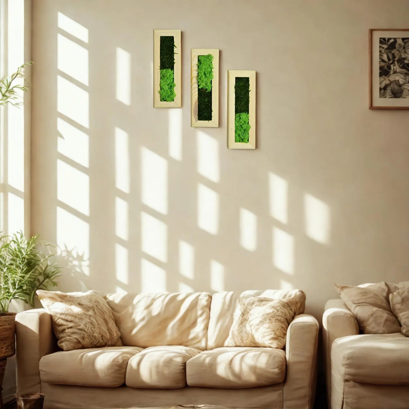 Set of 3 Vertical Moss Wall Art – Preserved Moss with Wood Frames, Rustic Bedroom Wall Decor, Eco-Friendly Gift