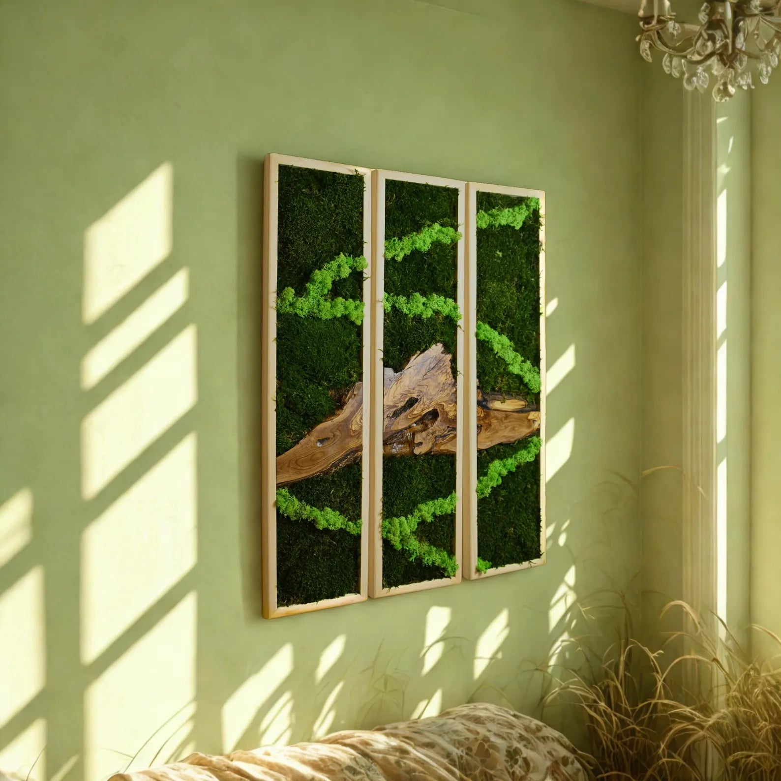 Moss and Olive Wood Wall Art – 3 Panel Green Vertical Decor, Botanical Farmhouse Wall Hanging, Birthday Gift