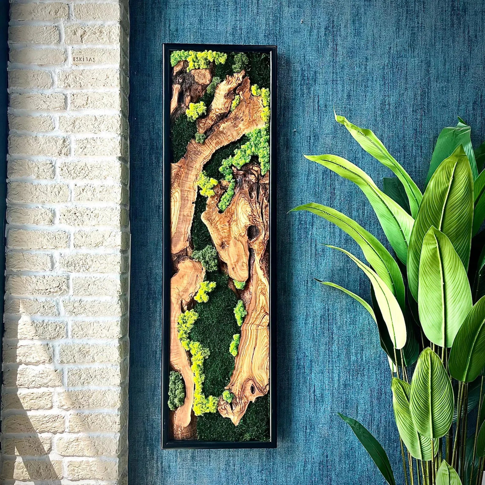 Olive Wood & Moss Wall Art – Handmade Live Edge Wood Panel for Natural Rustic Décor