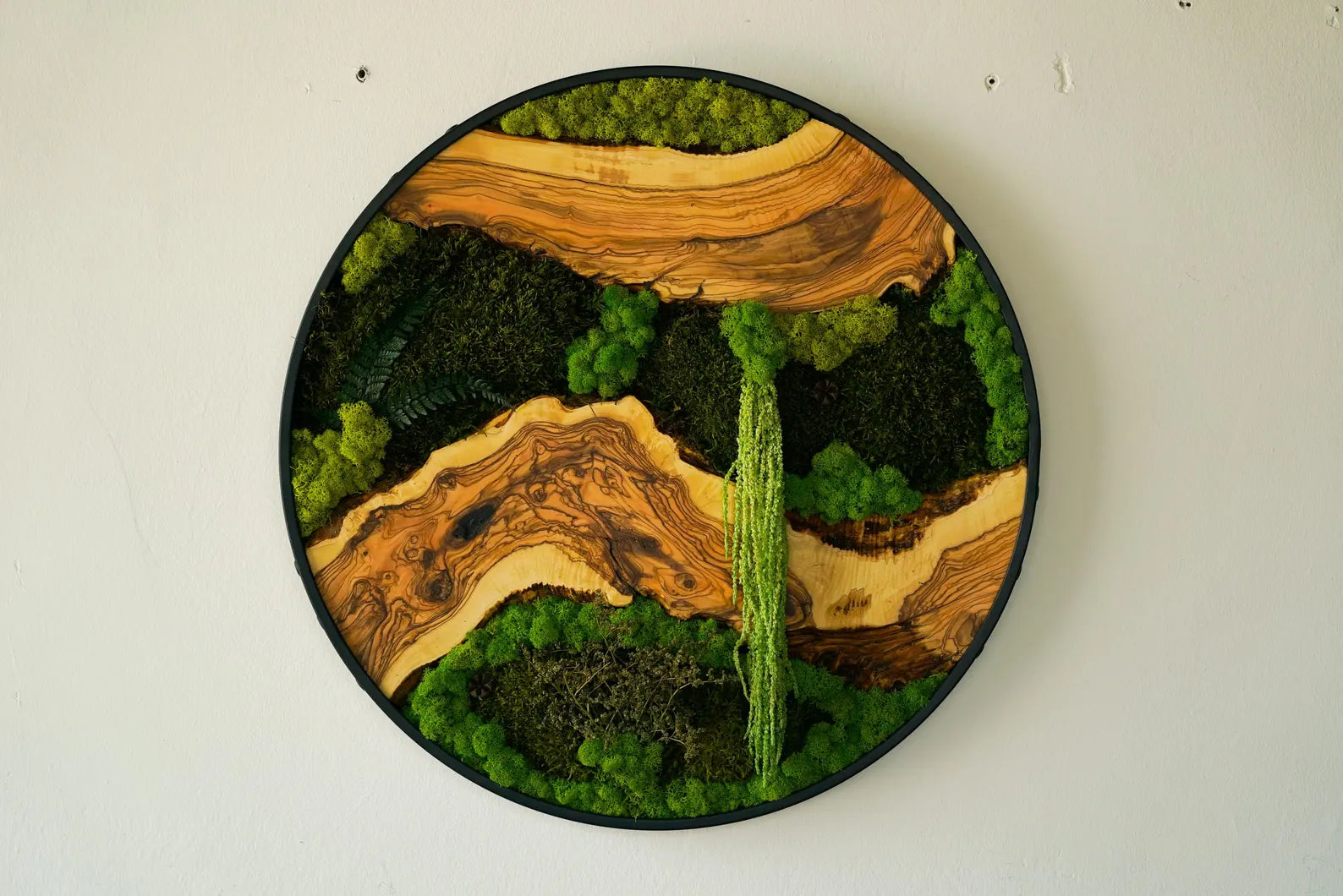 Metal Frame Moss Art with Olive Wood – Preserved Moss Wall Decor for Home or Office