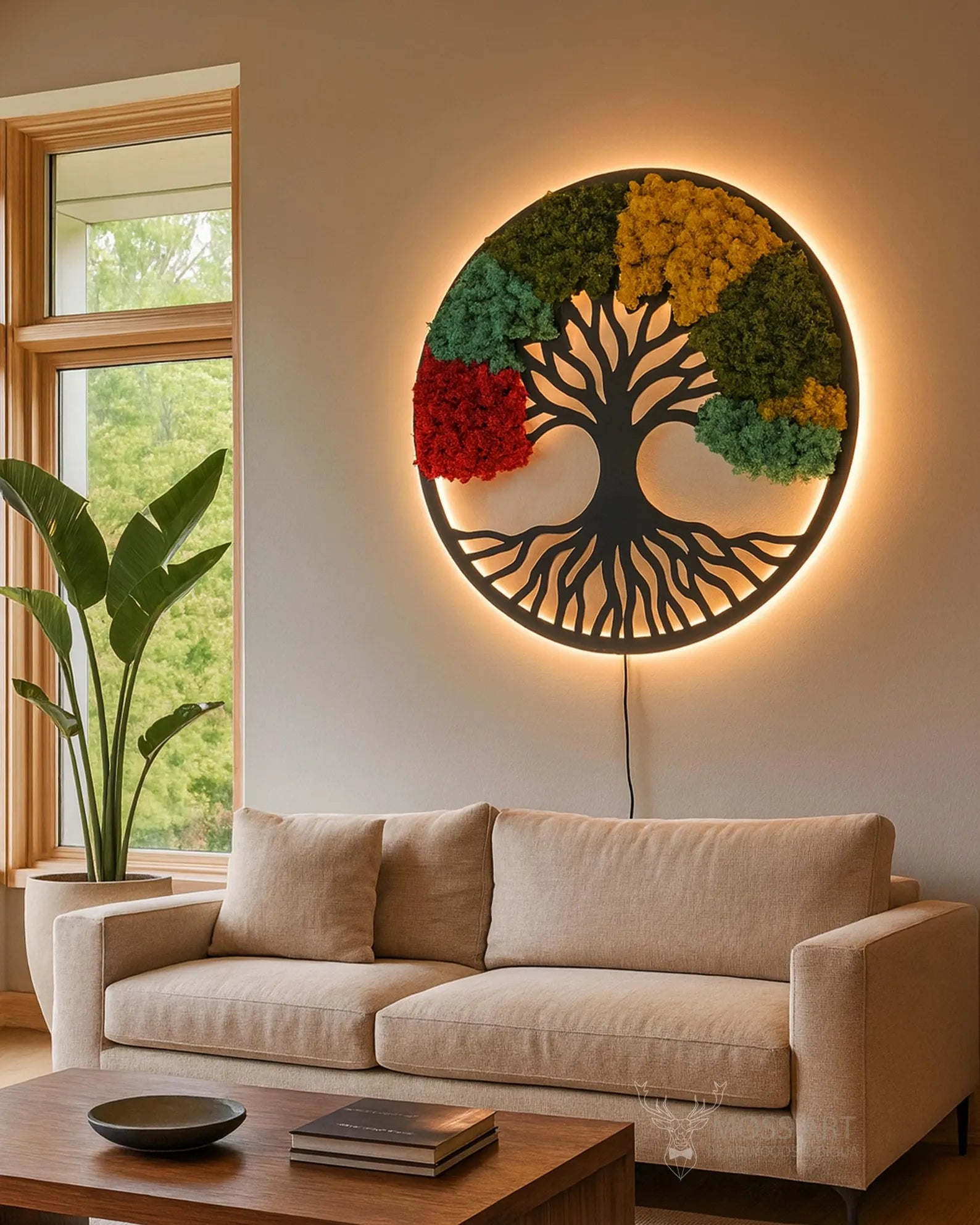 23.6" LED Tree of Life Moss Wall Art – Round Metal Frame with Preserved Green Decor