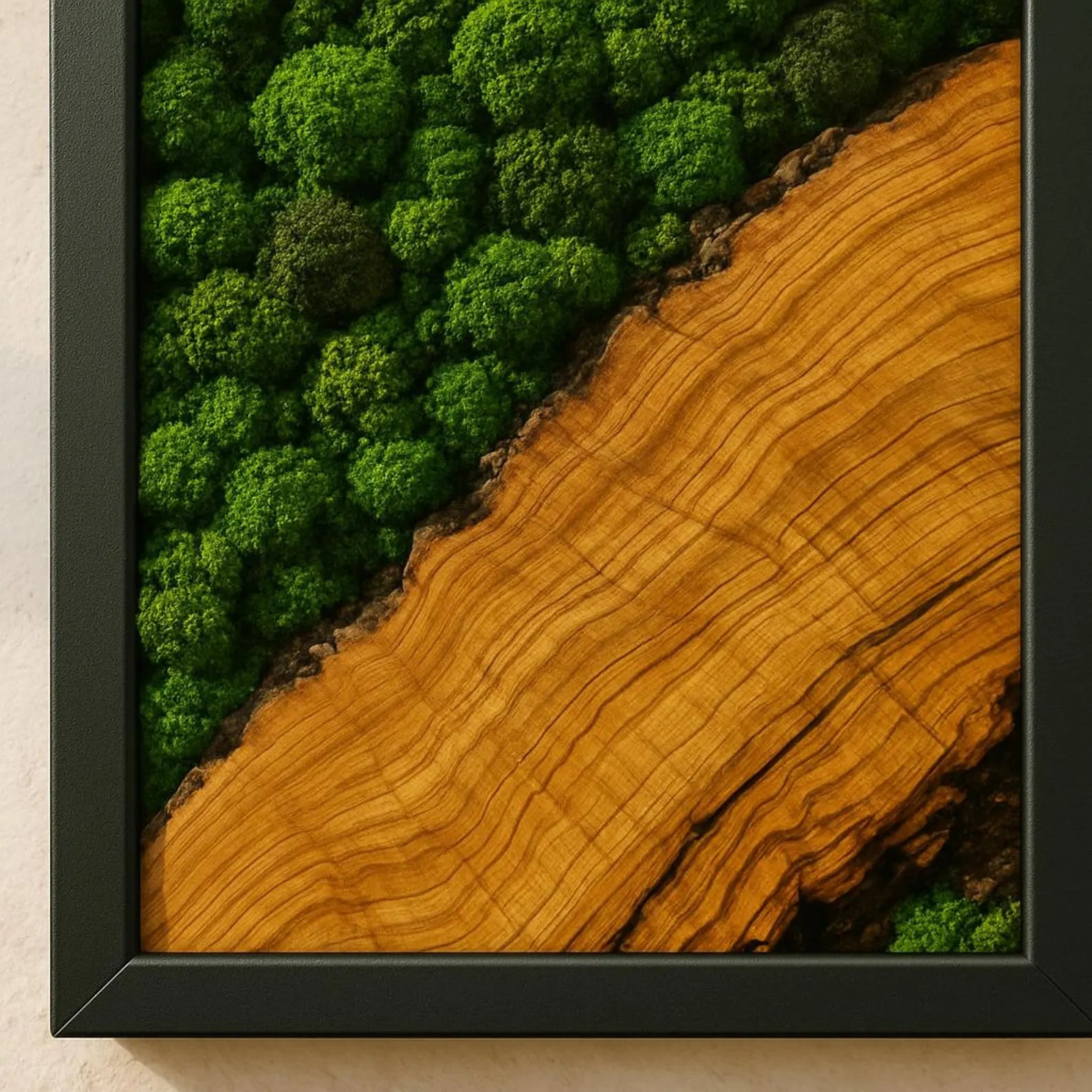 Triple Panel Moss and Olive Wood Wall Art – Handmade Preserved Green Moss Décor for Modern Home & Office
