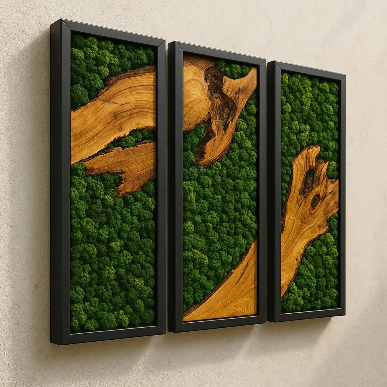 Triple Panel Moss and Olive Wood Wall Art – Handmade Preserved Green Moss Décor for Modern Home & Office