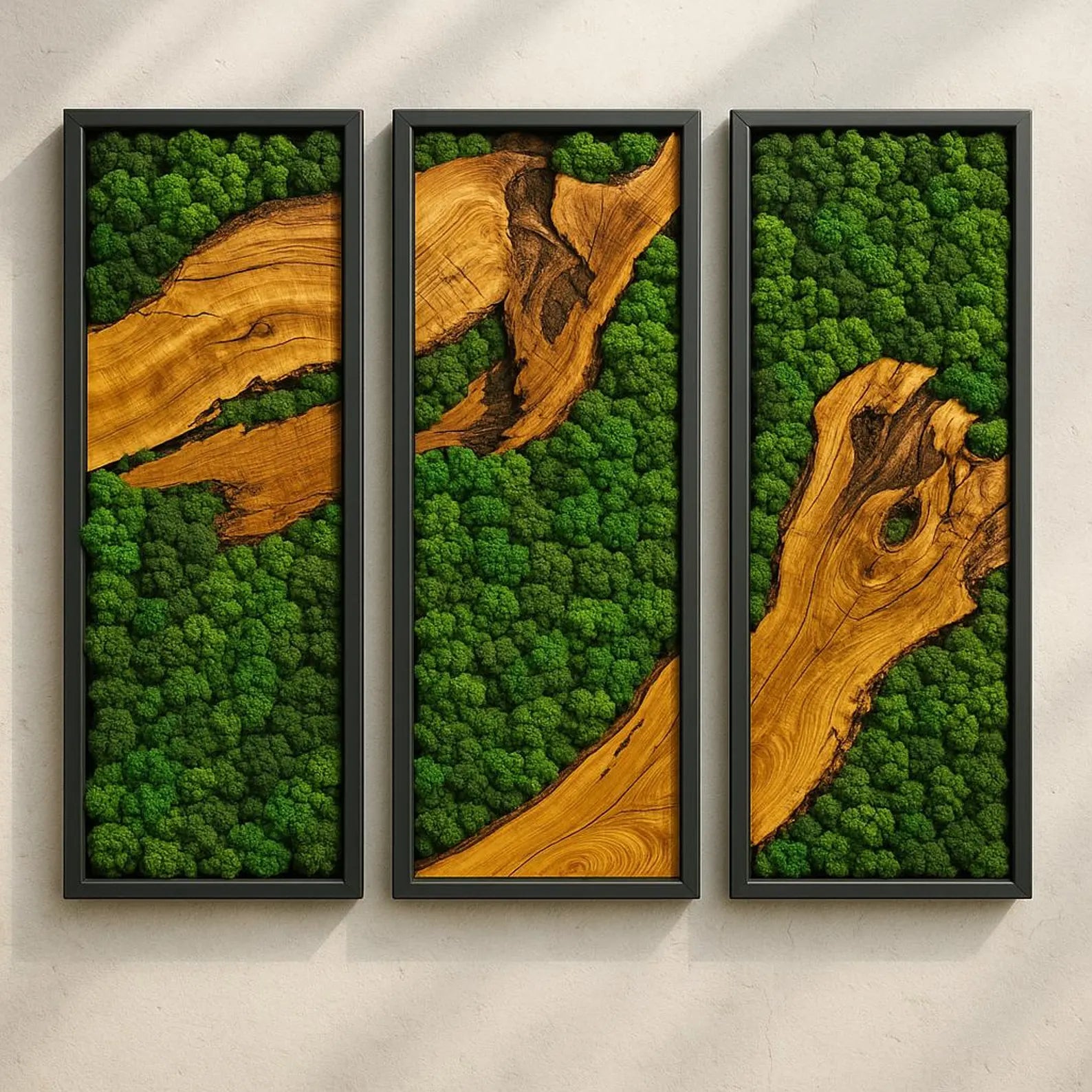 Triple Panel Moss and Olive Wood Wall Art – Handmade Preserved Green Moss Décor for Modern Home & Office