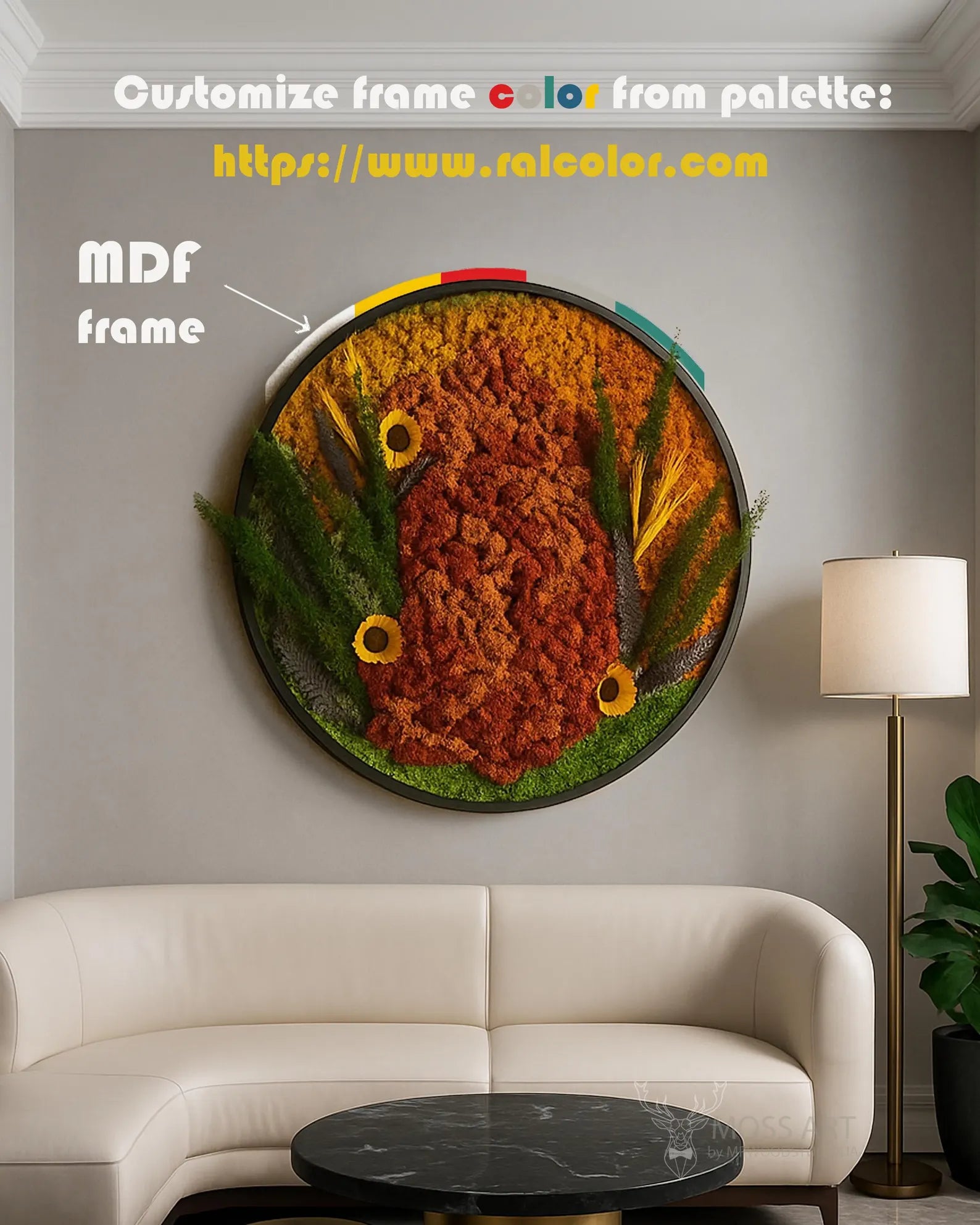Illuminated Autumn Moss Wall Art – Handmade Round Preserved Moss Panel with LED Lighting for Home & Office Décor