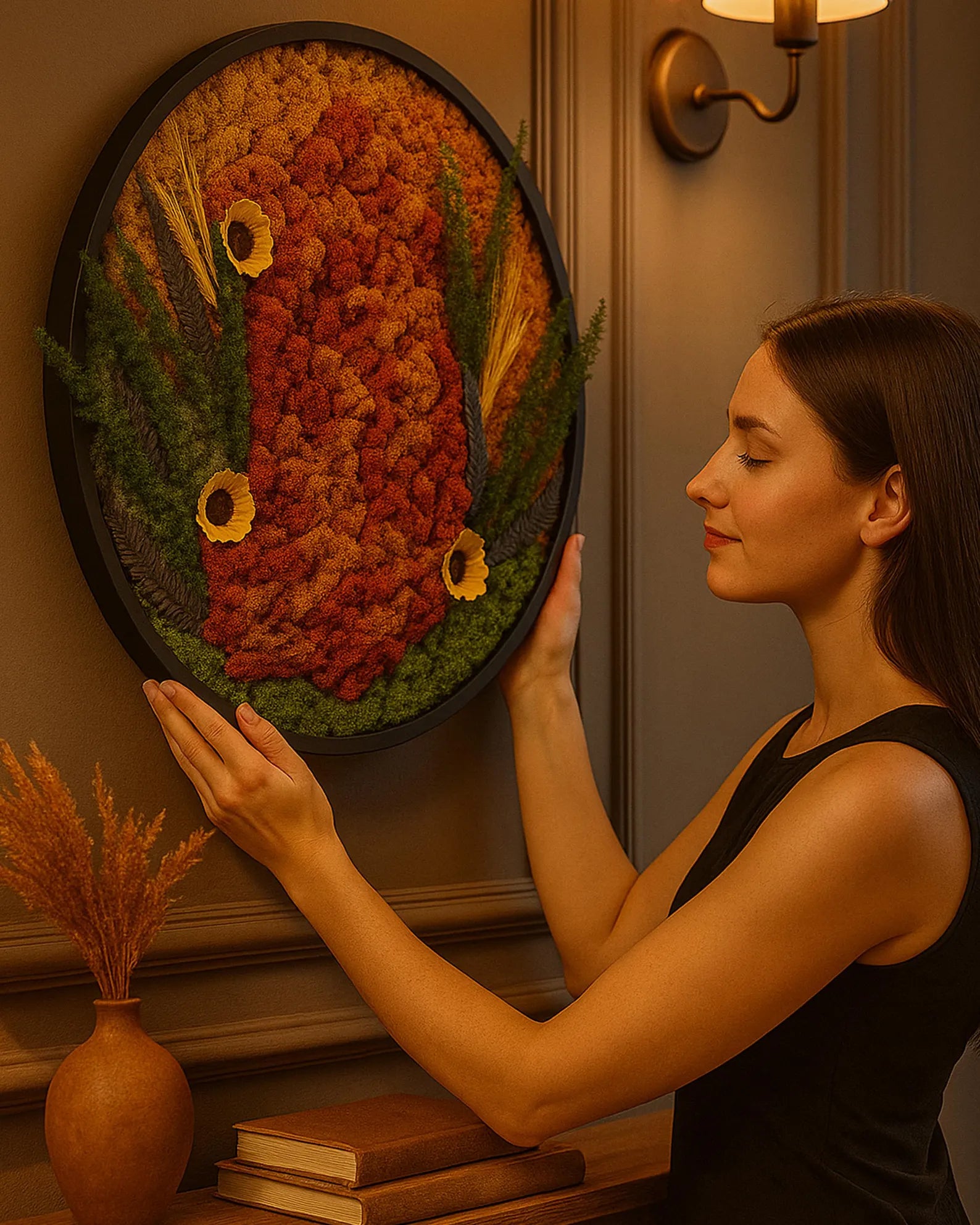 Illuminated Autumn Moss Wall Art – Handmade Round Preserved Moss Panel with LED Lighting for Home & Office Décor