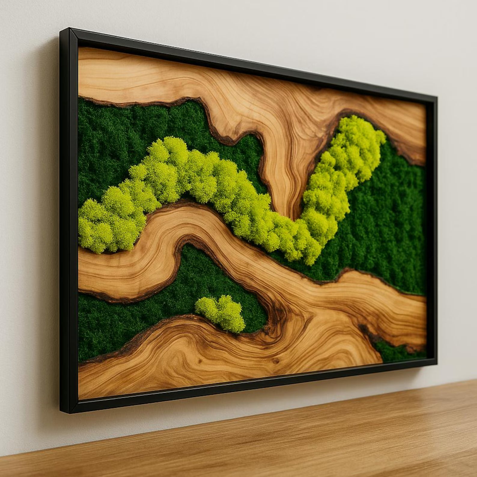 Framed Moss Wall Art with Olive Wood – Modern Biophilic Decor for Nature-Inspired Interiors