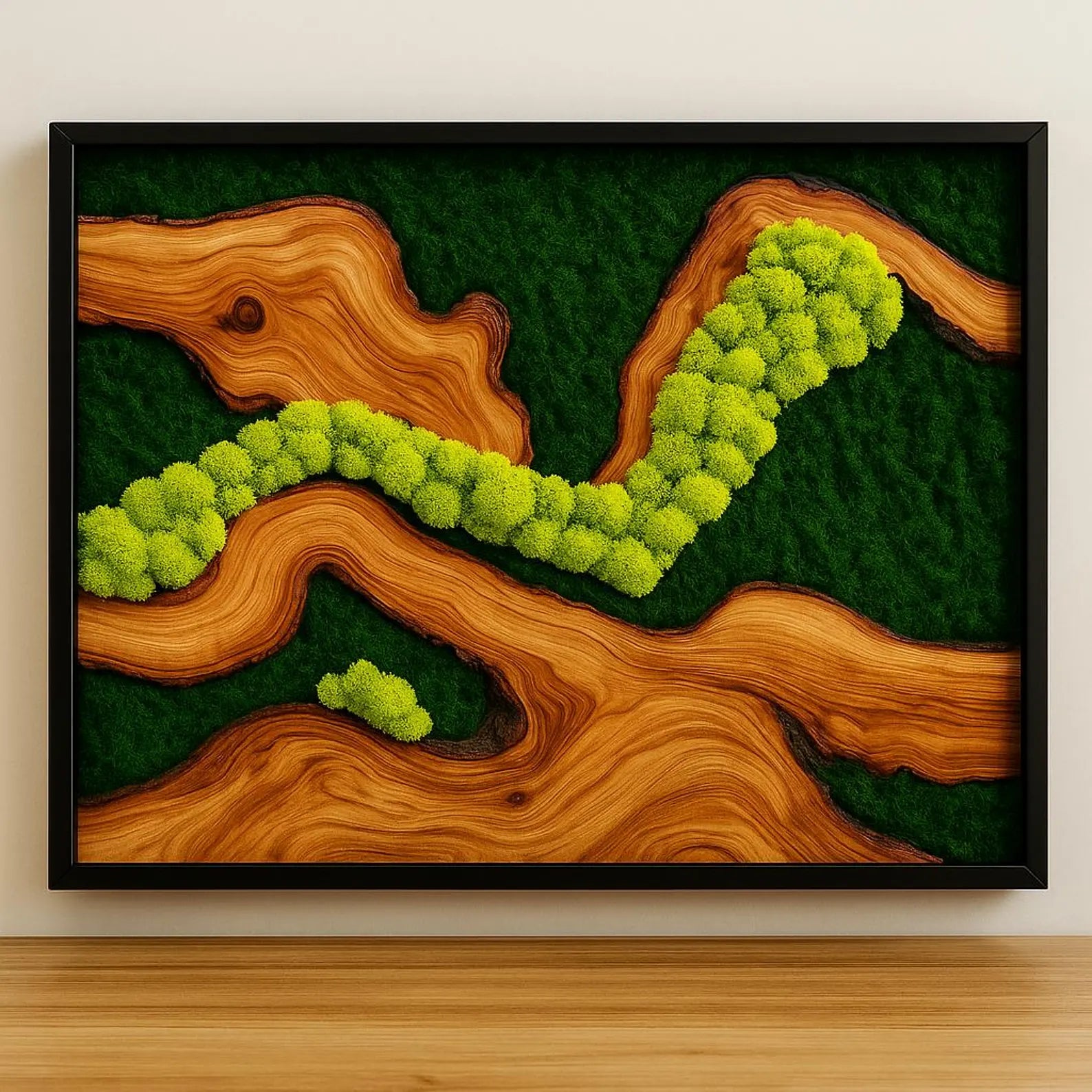 Framed Moss Wall Art with Olive Wood – Modern Biophilic Decor for Nature-Inspired Interiors