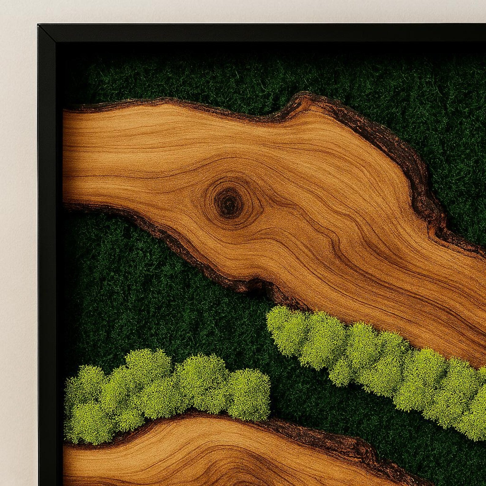 Framed Moss Wall Art with Olive Wood – Modern Biophilic Decor for Nature-Inspired Interiors