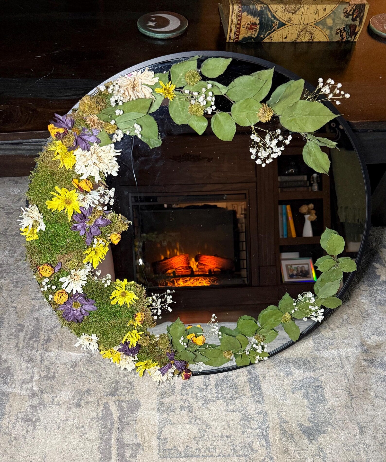 Botanical Moss Mirror with Unakite & Butterflies – Nature Wall Art