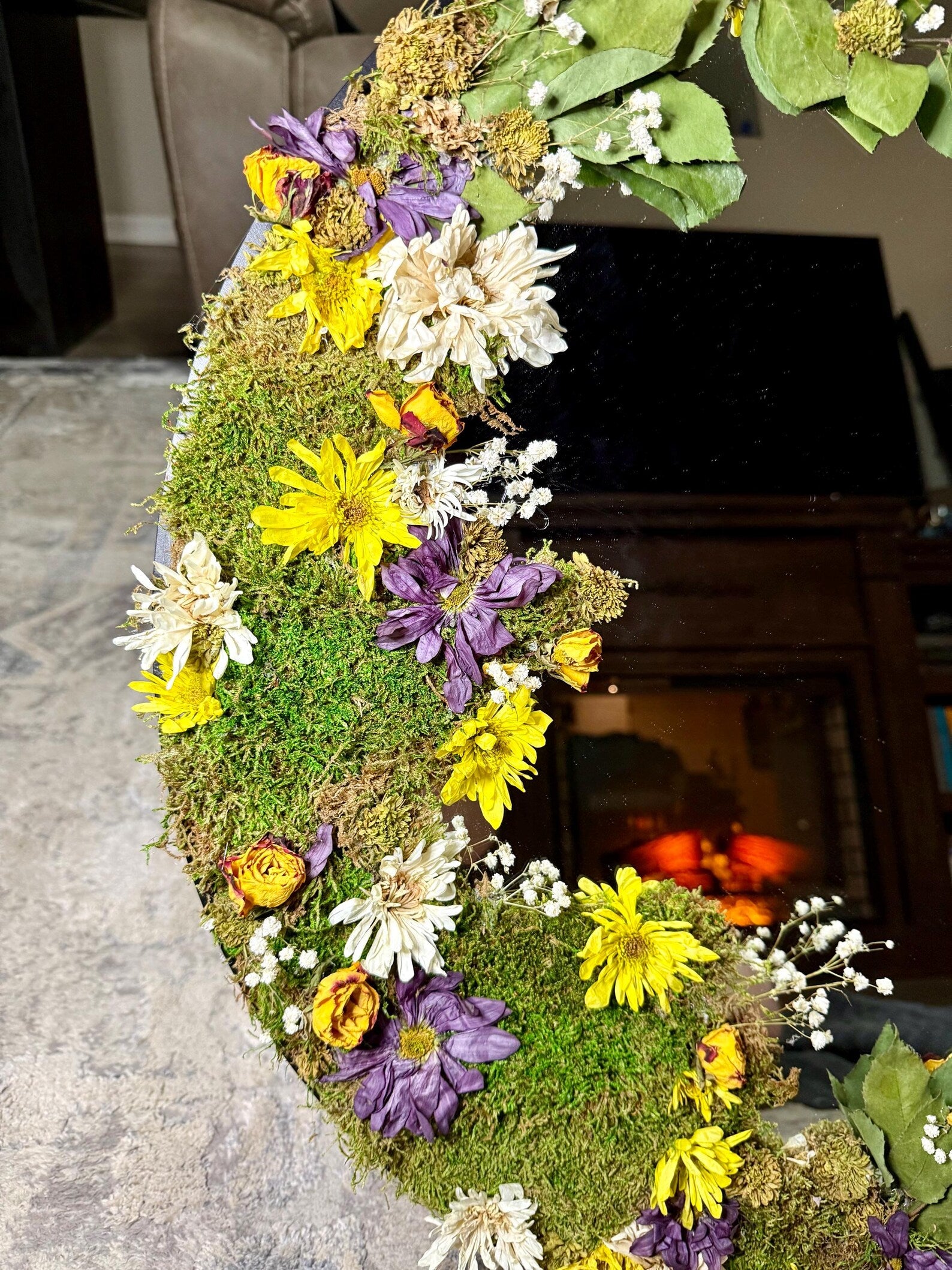 Botanical Moss Mirror with Unakite & Butterflies – Nature Wall Art