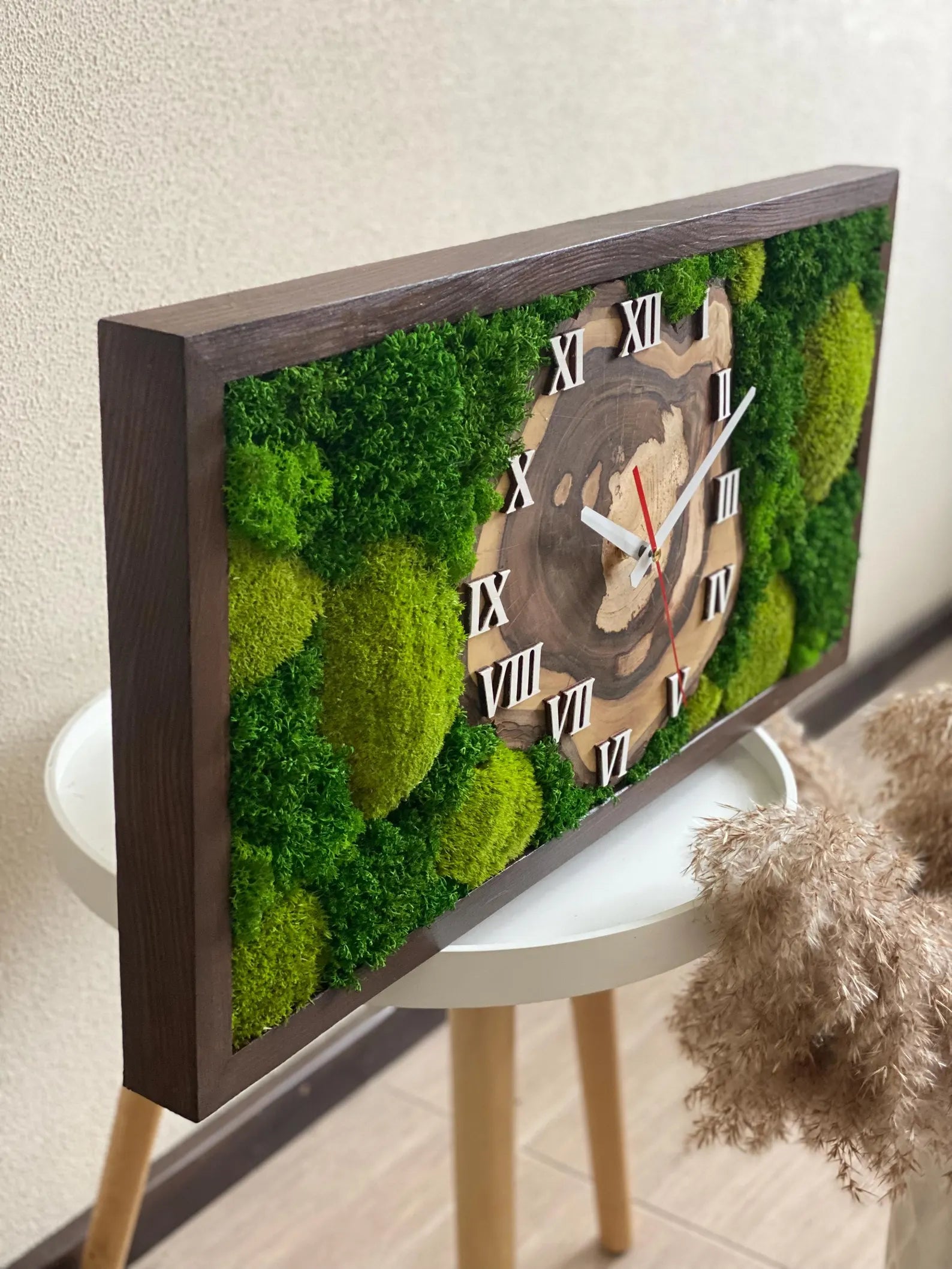 Rectangular Live Edge Wood Moss Clock – Cypress Finish with Preserved Moss