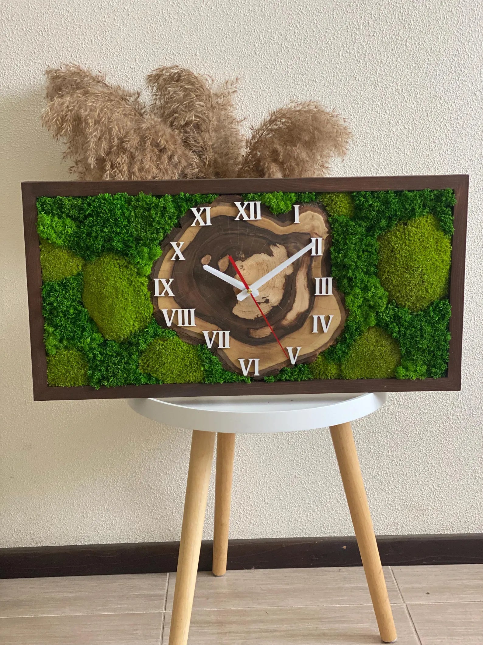 Rectangular Live Edge Wood Moss Clock – Cypress Finish with Preserved Moss