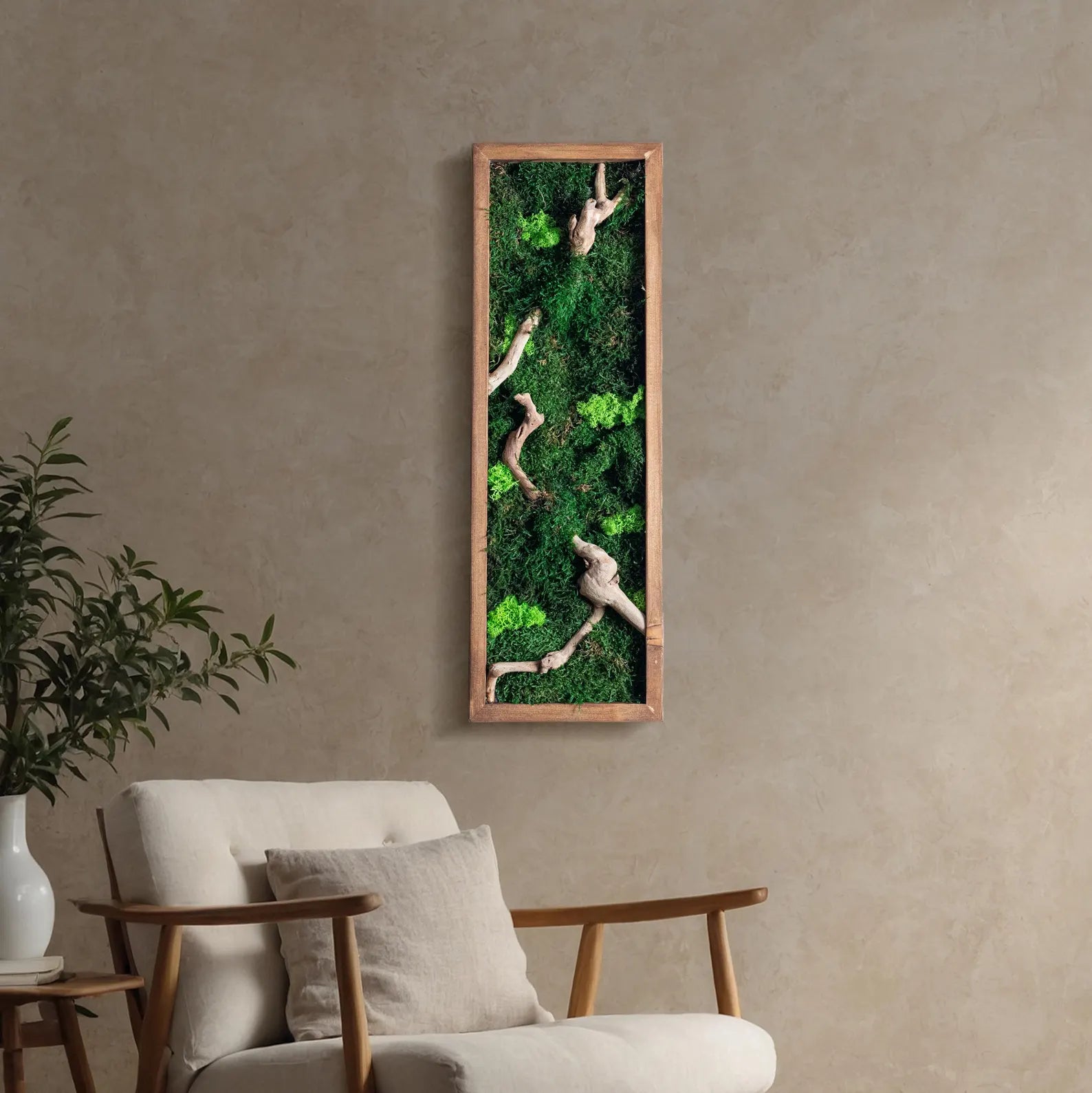 Rustic Moss and Bonsai Wood Wall Art – Vertical Wooden Frame Decor for Modern Living Rooms