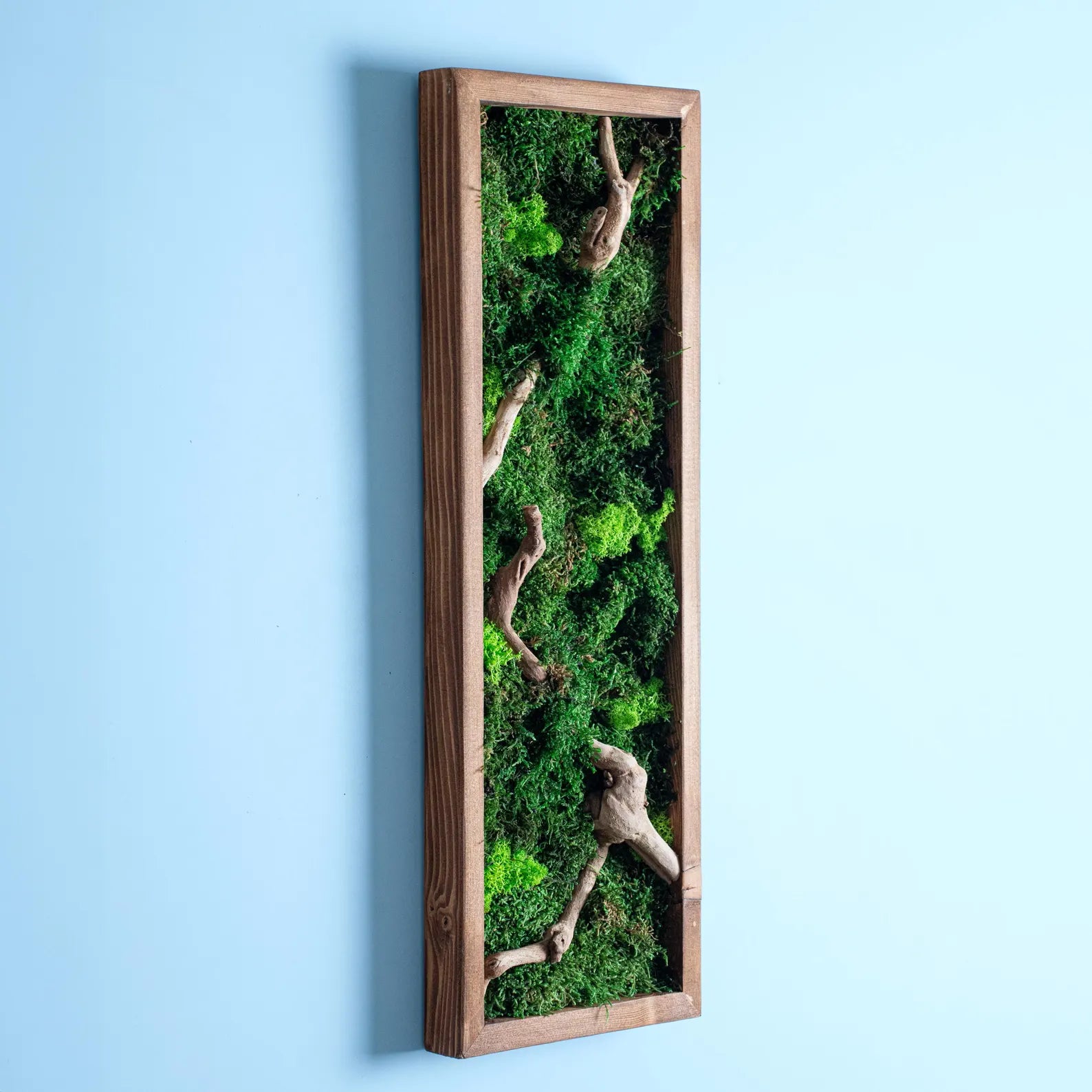Rustic Moss and Bonsai Wood Wall Art – Vertical Wooden Frame Decor for Modern Living Rooms