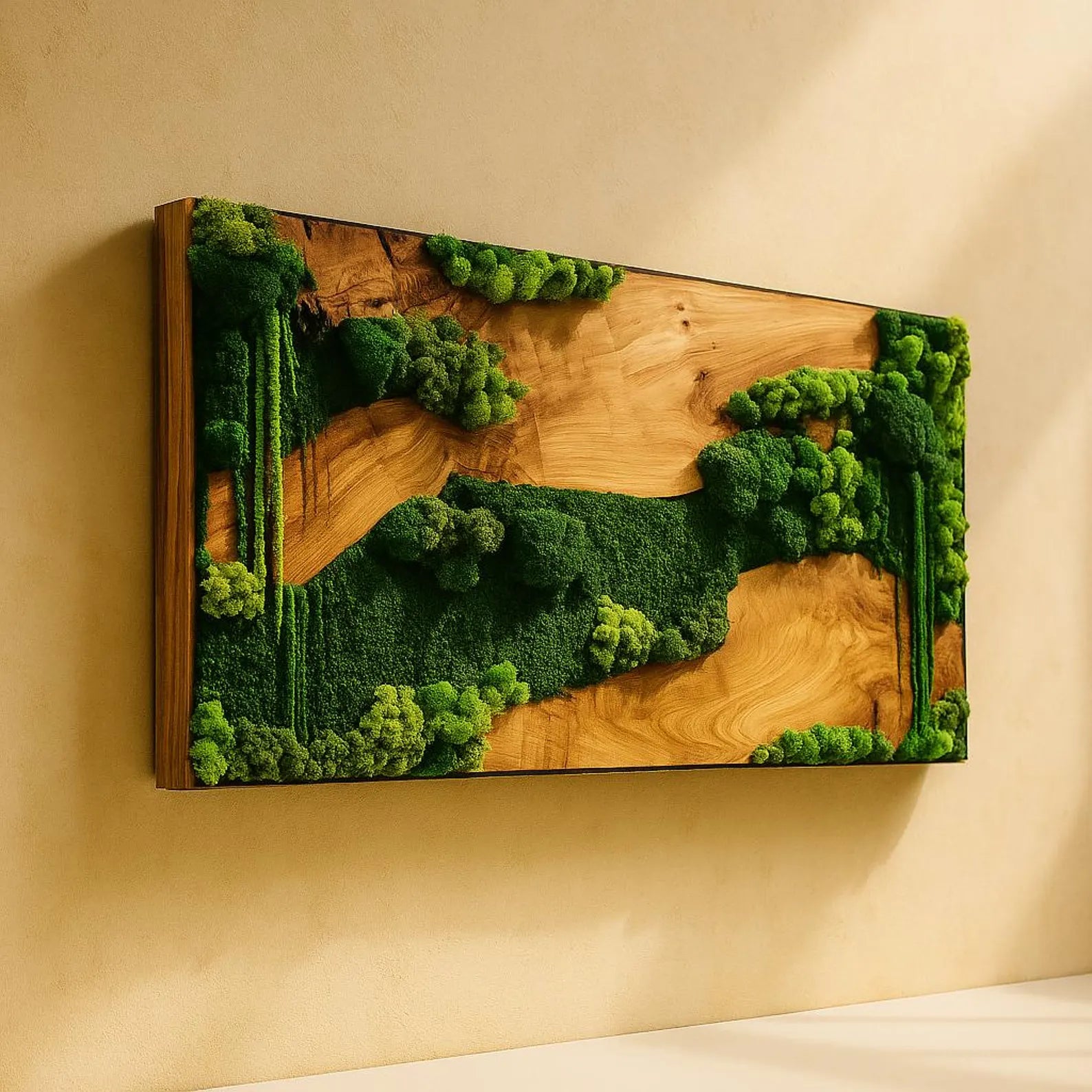 Handmade Wooden Moss Wall Art – Natural Green Preserved Moss Frame for Modern Home & Office Décor