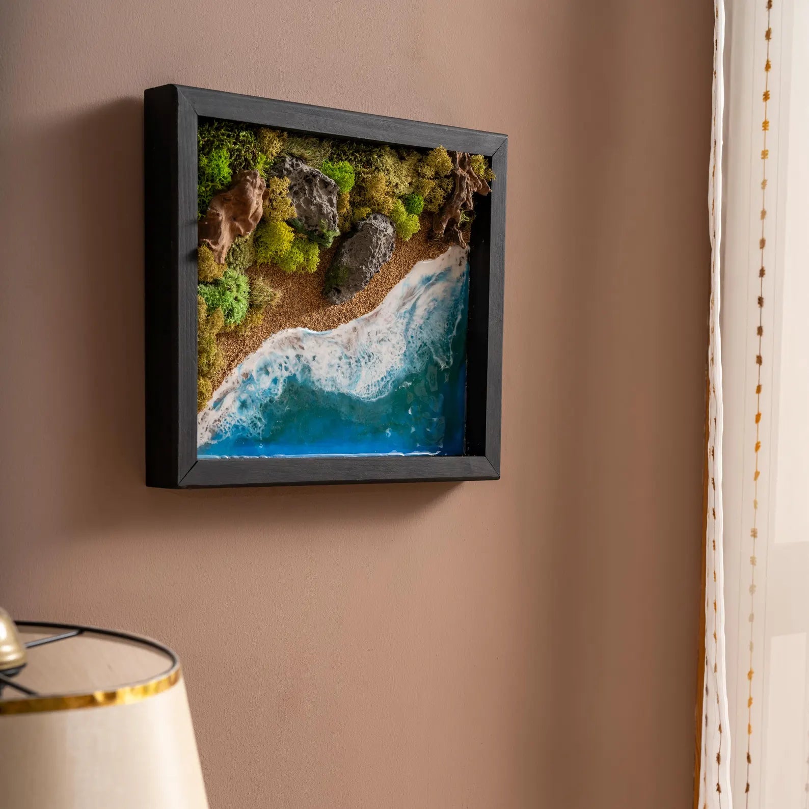 Ocean Island Resin Wall Art with Moss and Rocks – 3D Beach Shadow Box, Coastal Seaside Decor