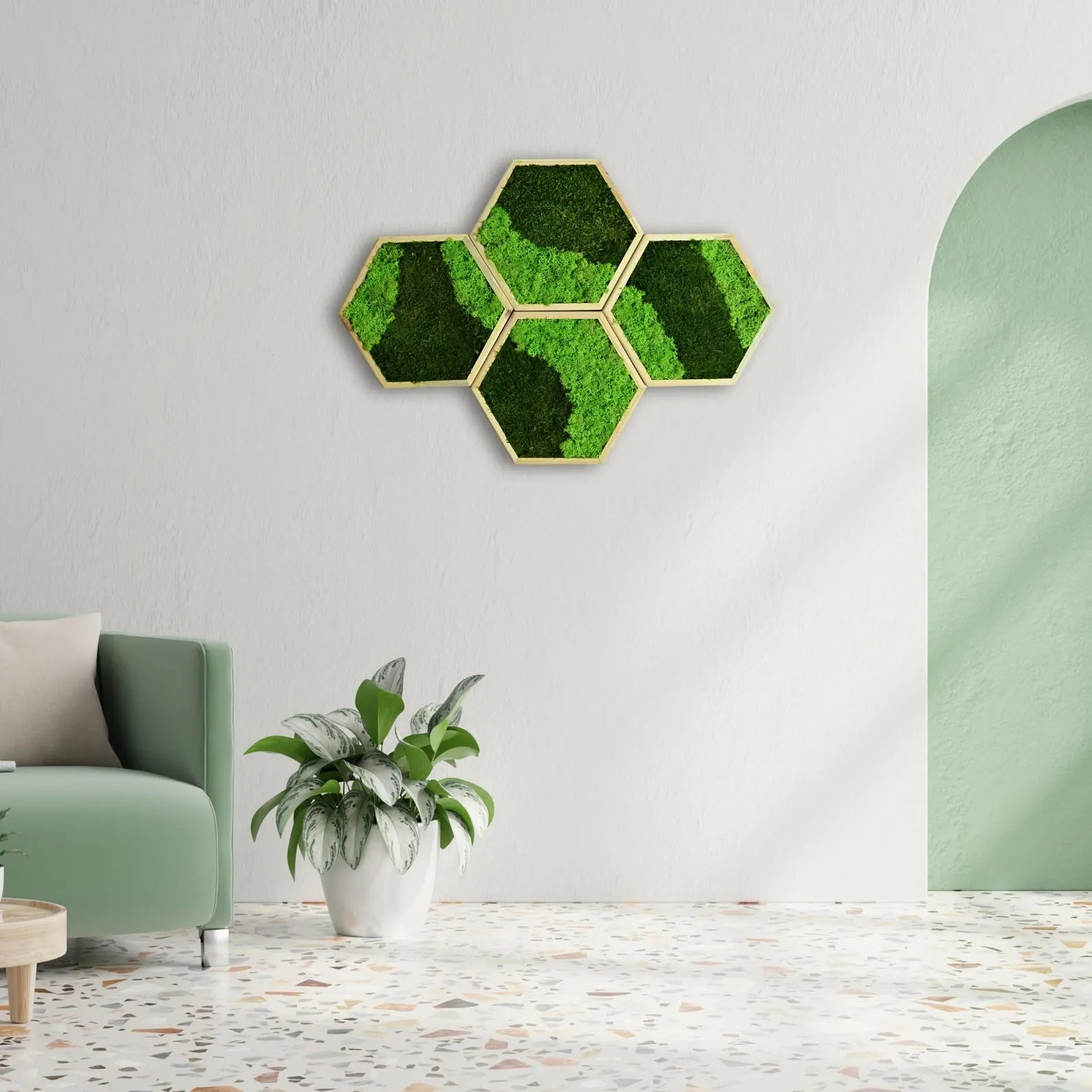 Hexagon Moss Wall Art – Honeycomb Wall Decor, Preserved Moss Panels, Modern Living Wall, Gift for Home or Office