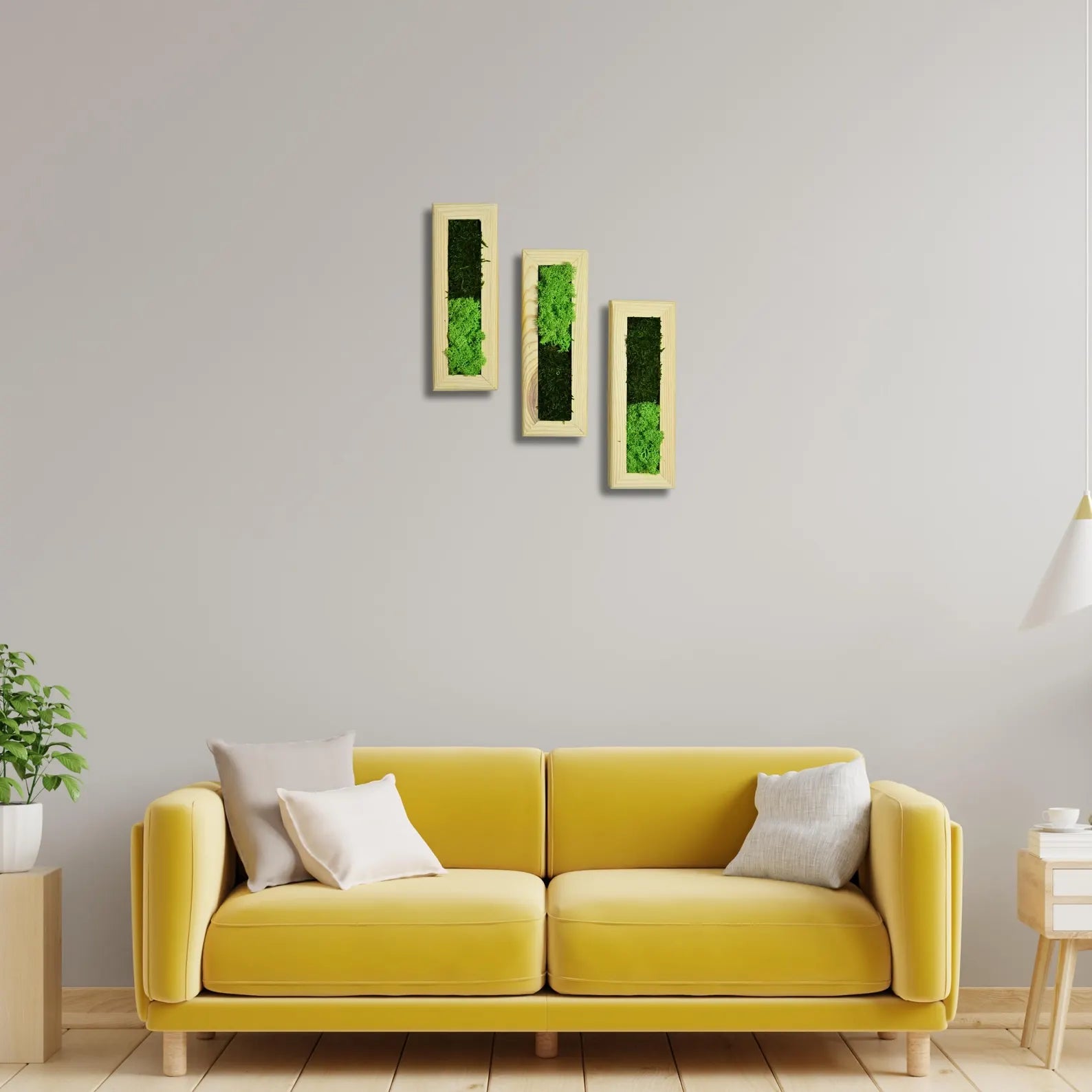 Set of 3 Vertical Moss Wall Art – Preserved Moss with Wood Frames, Rustic Bedroom Wall Decor, Eco-Friendly Gift