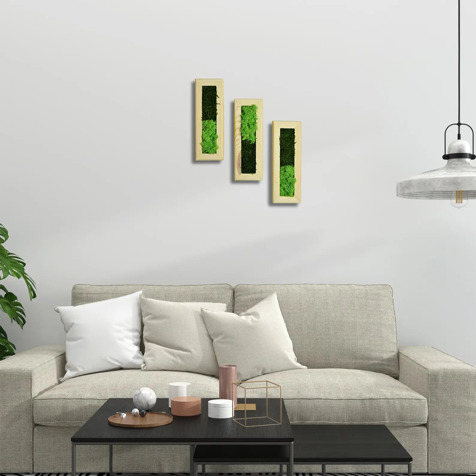 Set of 3 Vertical Moss Wall Art – Preserved Moss with Wood Frames, Rustic Bedroom Wall Decor, Eco-Friendly Gift