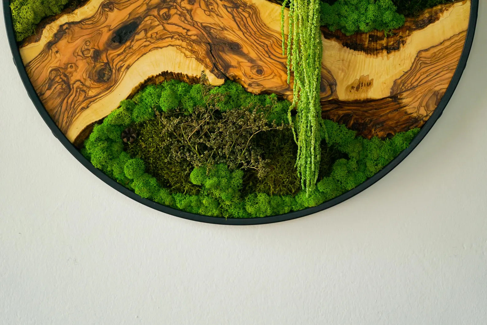 Metal Frame Moss Art with Olive Wood – Preserved Moss Wall Decor for Home or Office