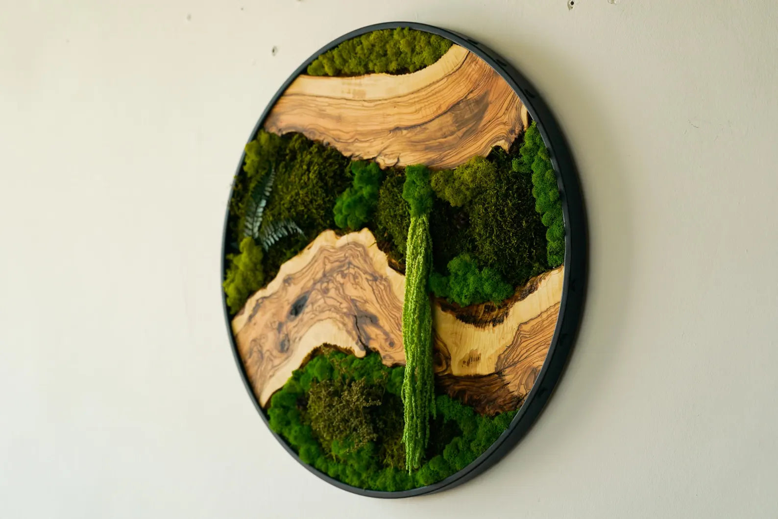 Metal Frame Moss Art with Olive Wood – Preserved Moss Wall Decor for Home or Office