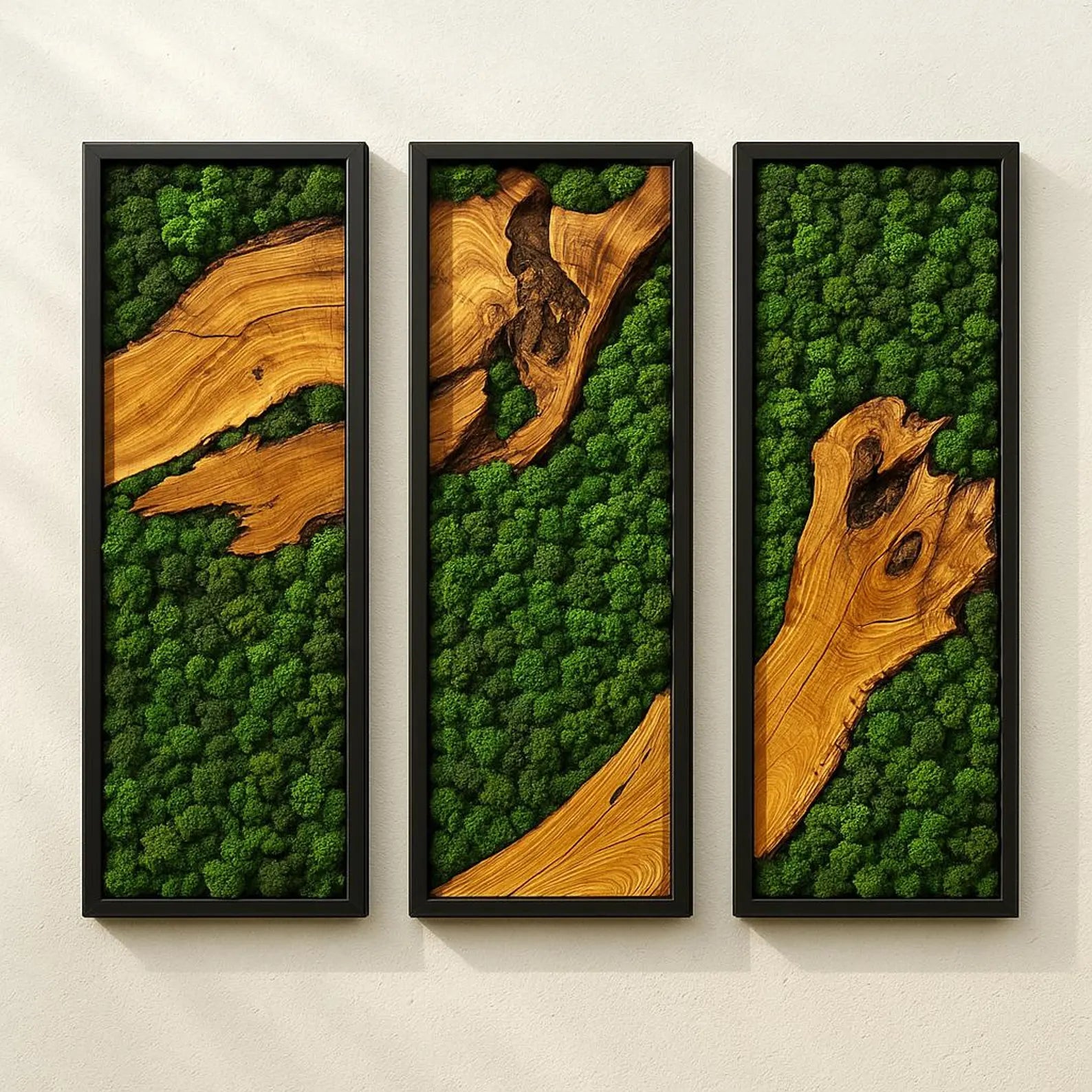 Triple Panel Moss and Olive Wood Wall Art – Handmade Preserved Green Moss Décor for Modern Home & Office