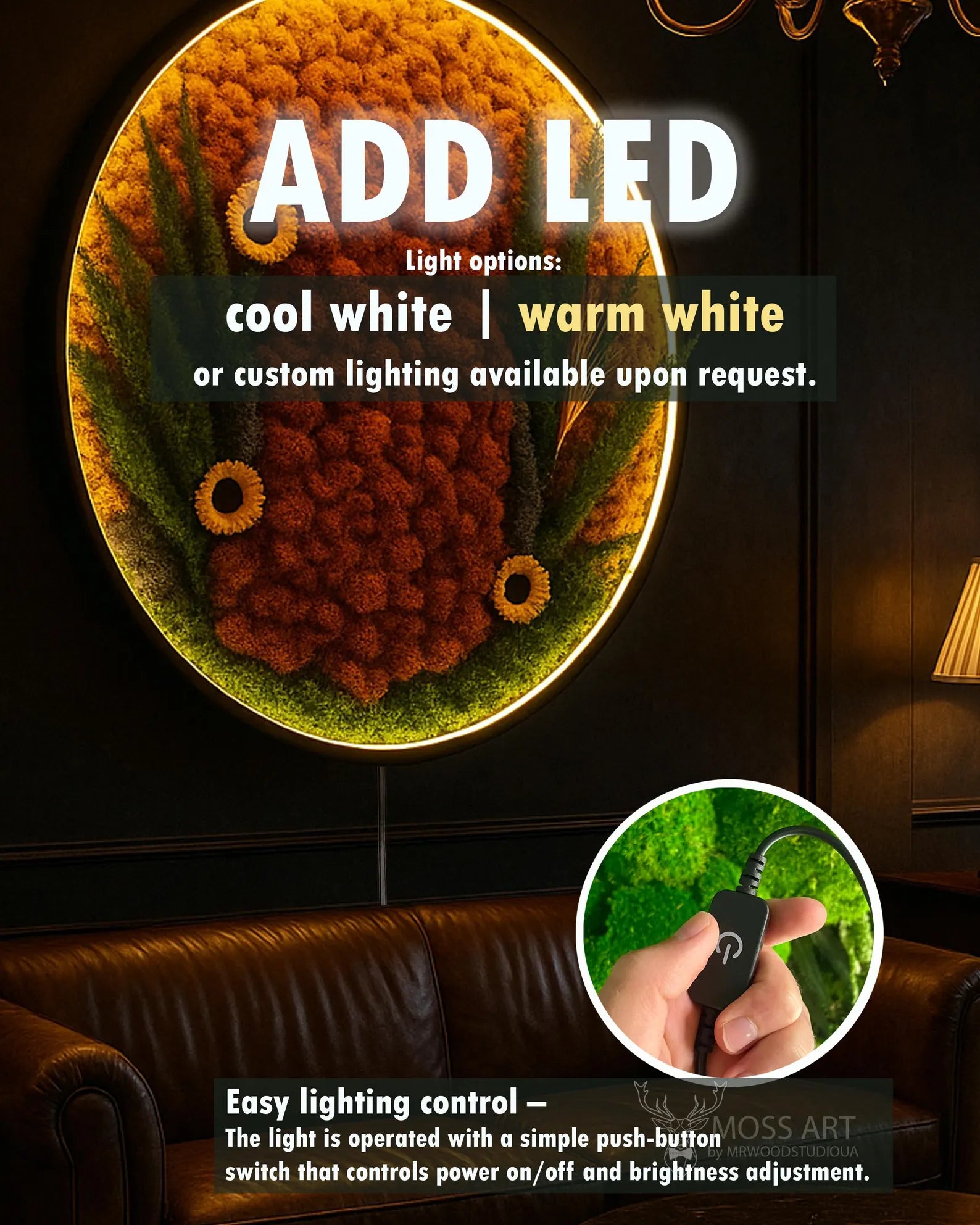 Illuminated Autumn Moss Wall Art – Handmade Round Preserved Moss Panel with LED Lighting for Home & Office Décor