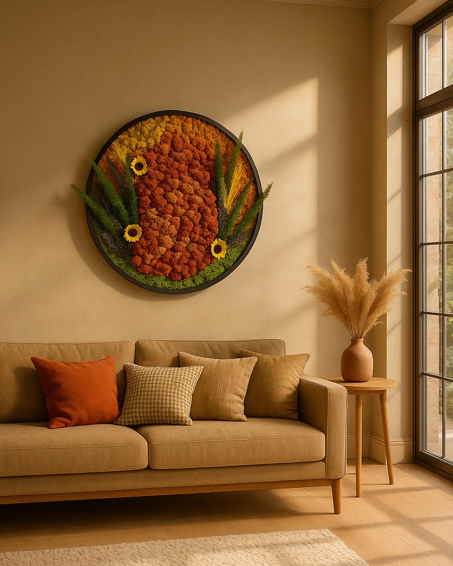 Illuminated Autumn Moss Wall Art – Handmade Round Preserved Moss Panel with LED Lighting for Home & Office Décor
